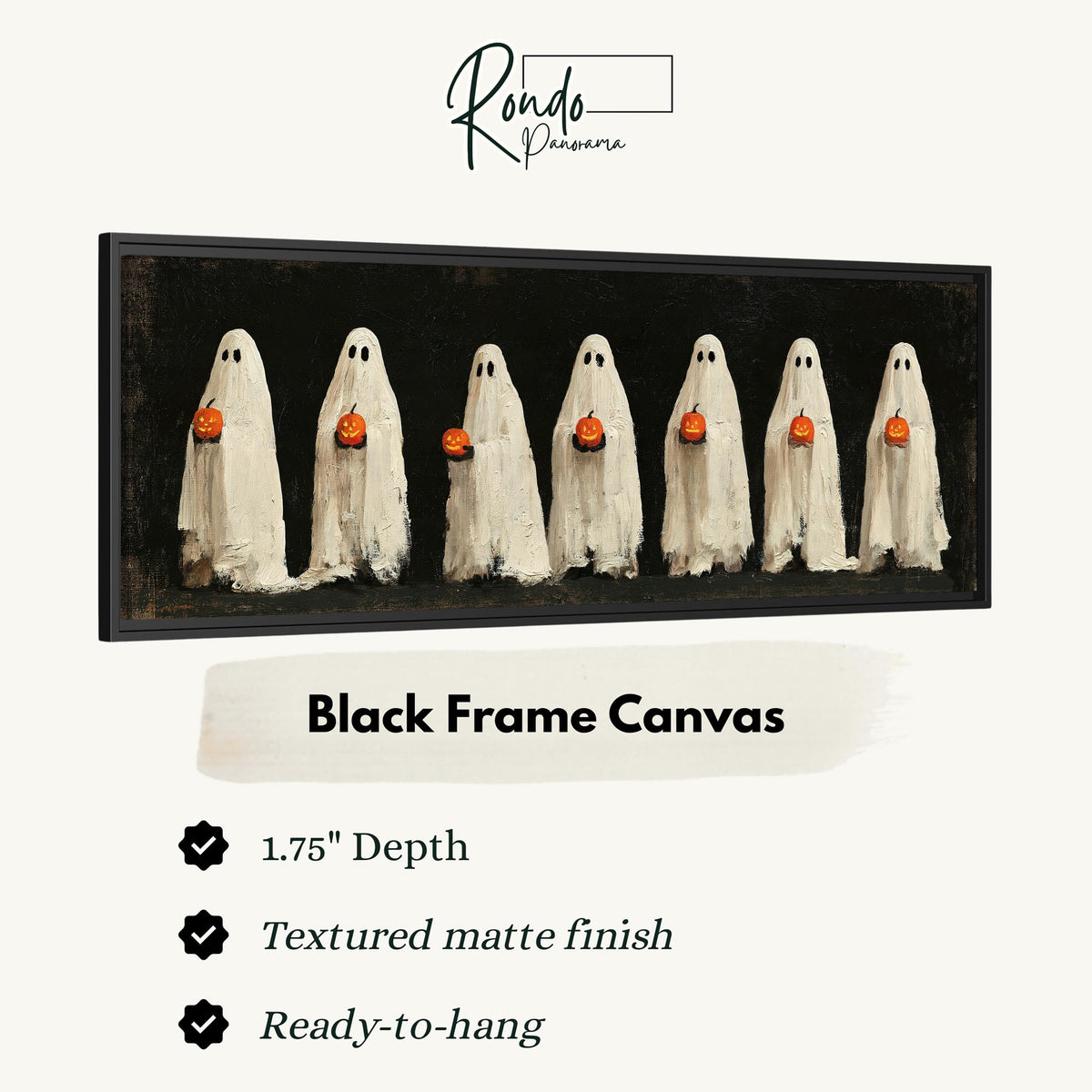 Row of ghosts holding pumpkins canvas print in a black floating frame