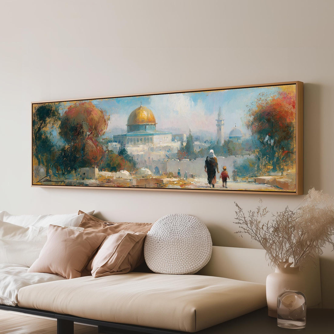 The golden Dome of the Rock in Jerusalem long horizontal canvas print above a sofa in a living room