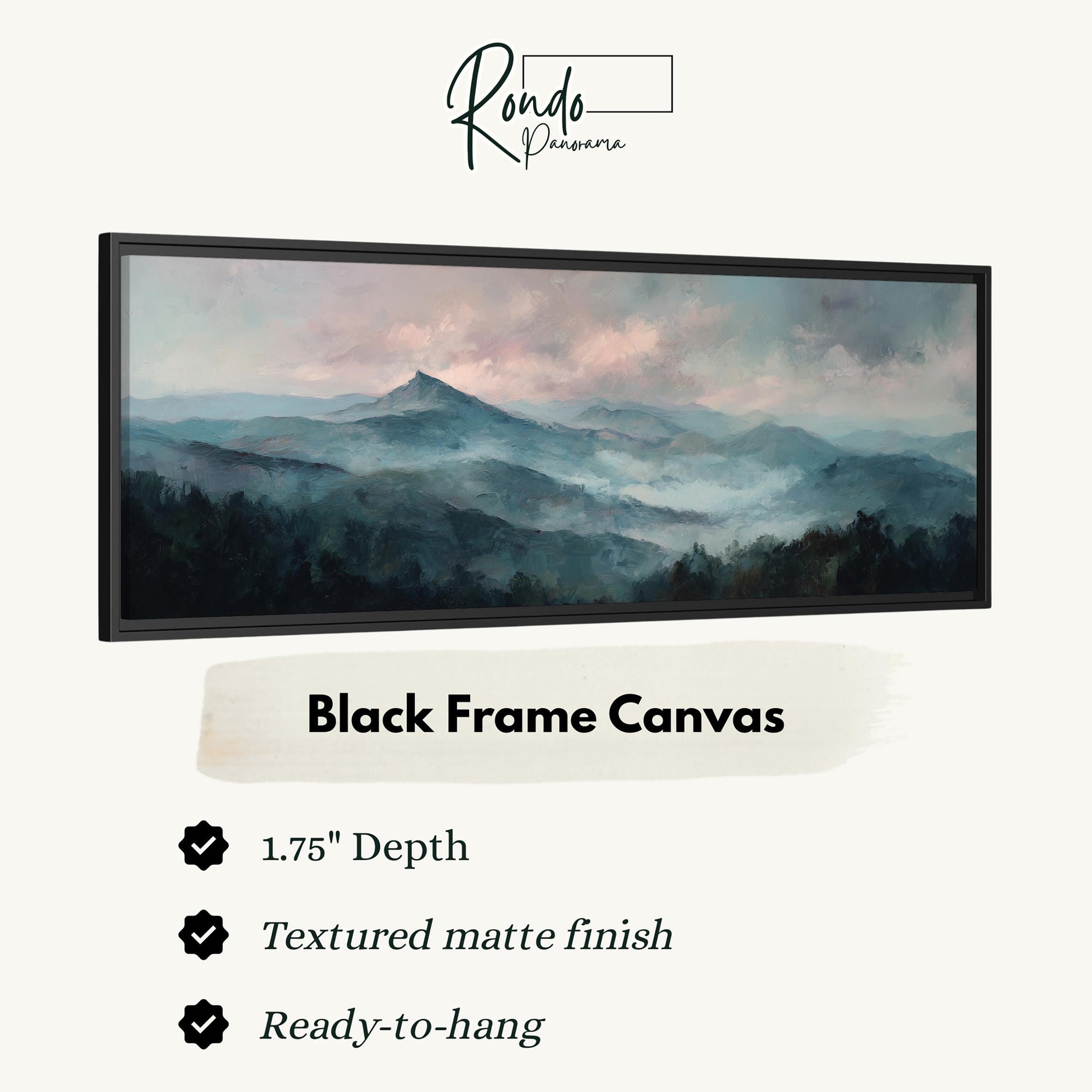 The image is a black frame canvas depicting a mountainous landscape with a hazy, misty atmosphere.