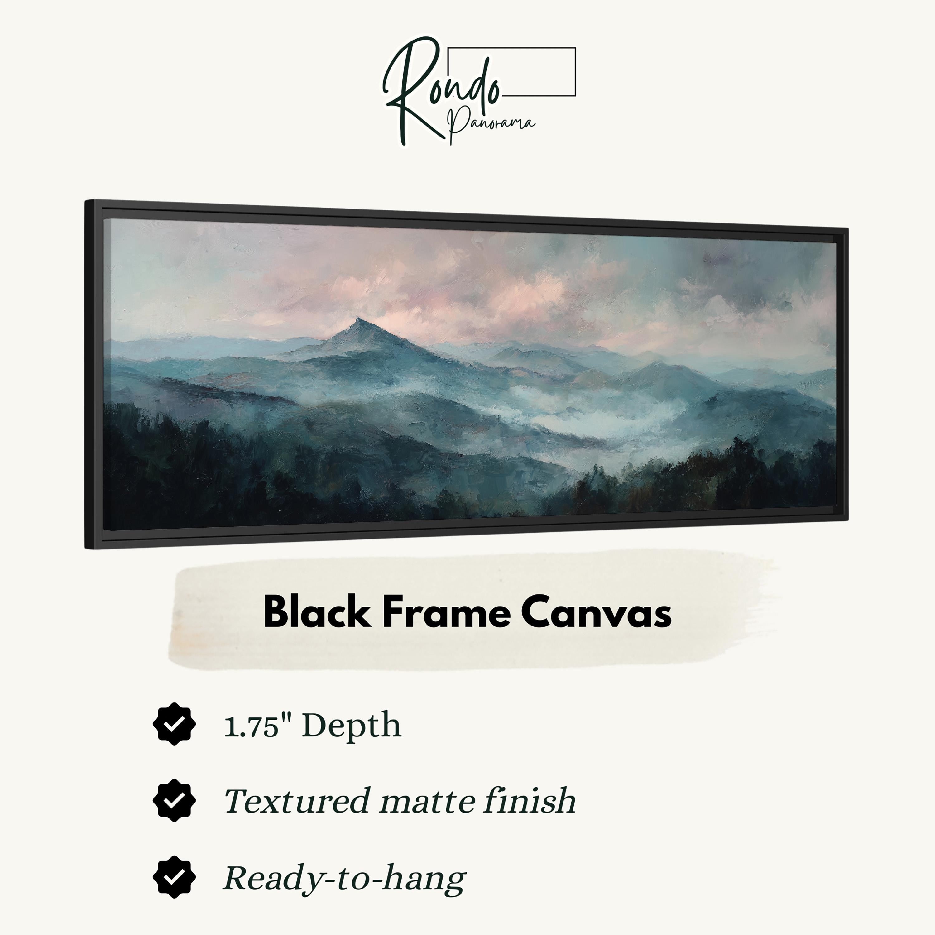The image is a black frame canvas depicting a mountainous landscape with a hazy, misty atmosphere.