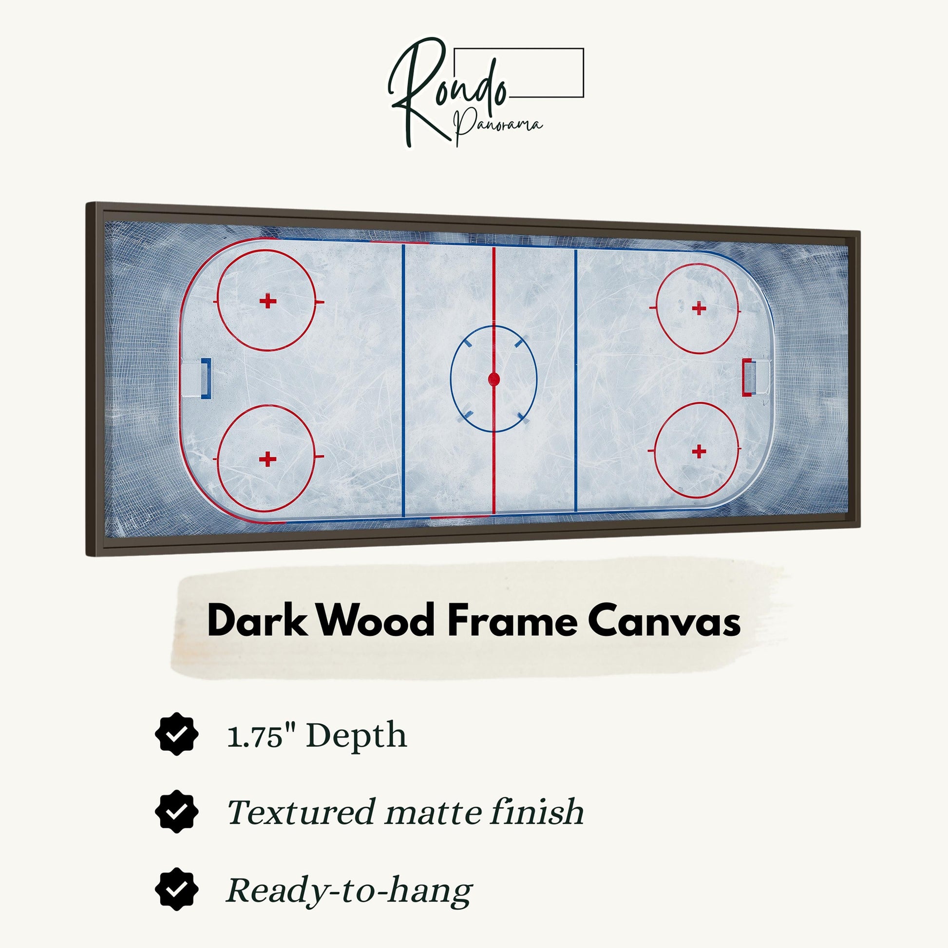 A dark wood frame canvas depicting a hockey rink with a blue and red design.