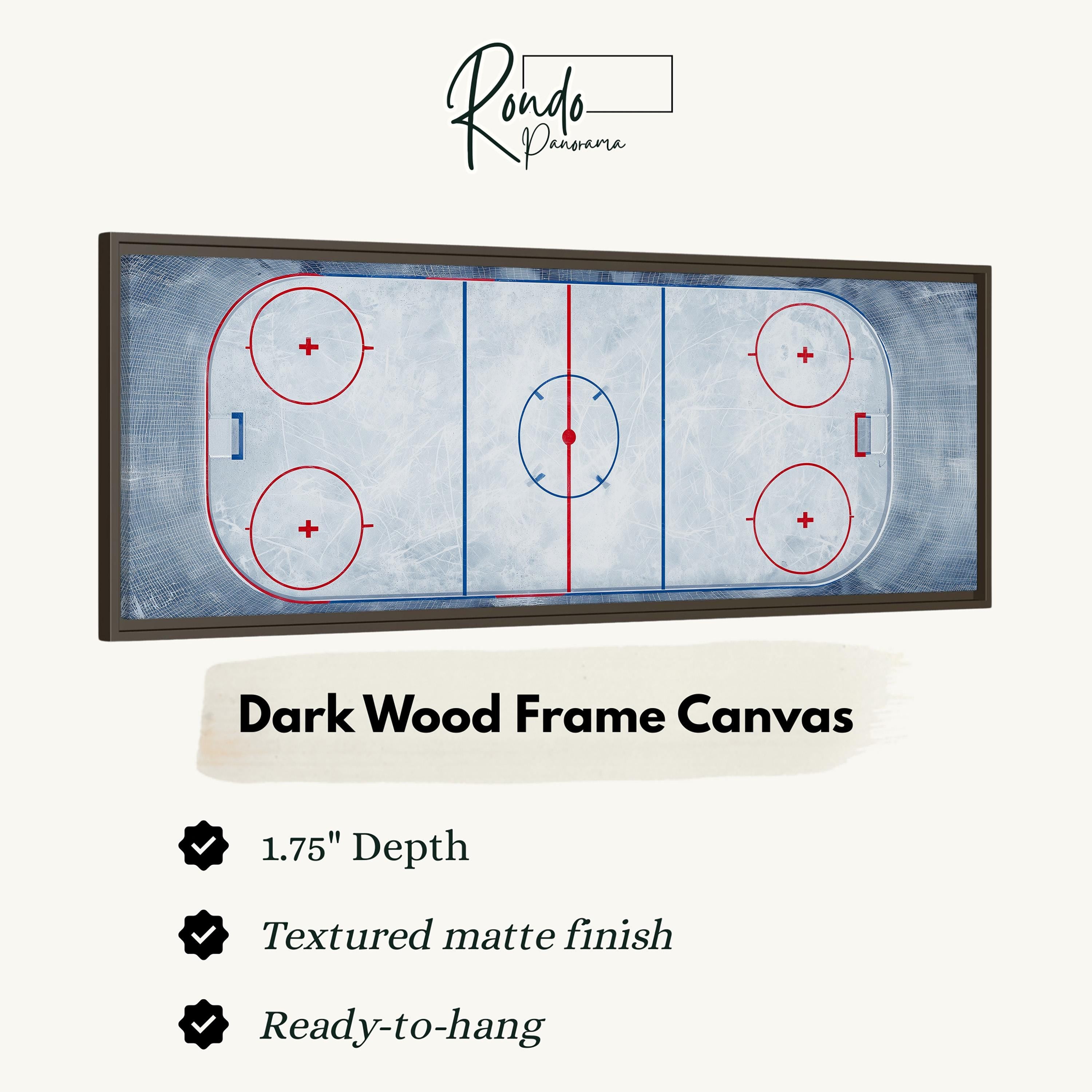 A dark wood frame canvas depicting a hockey rink with a blue and red design.