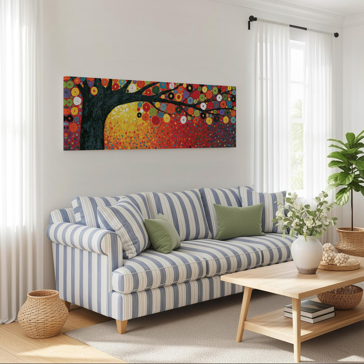 Amber tree of life in a Klimt style long horizontal canvas print above a striped sofa in a coastal living room