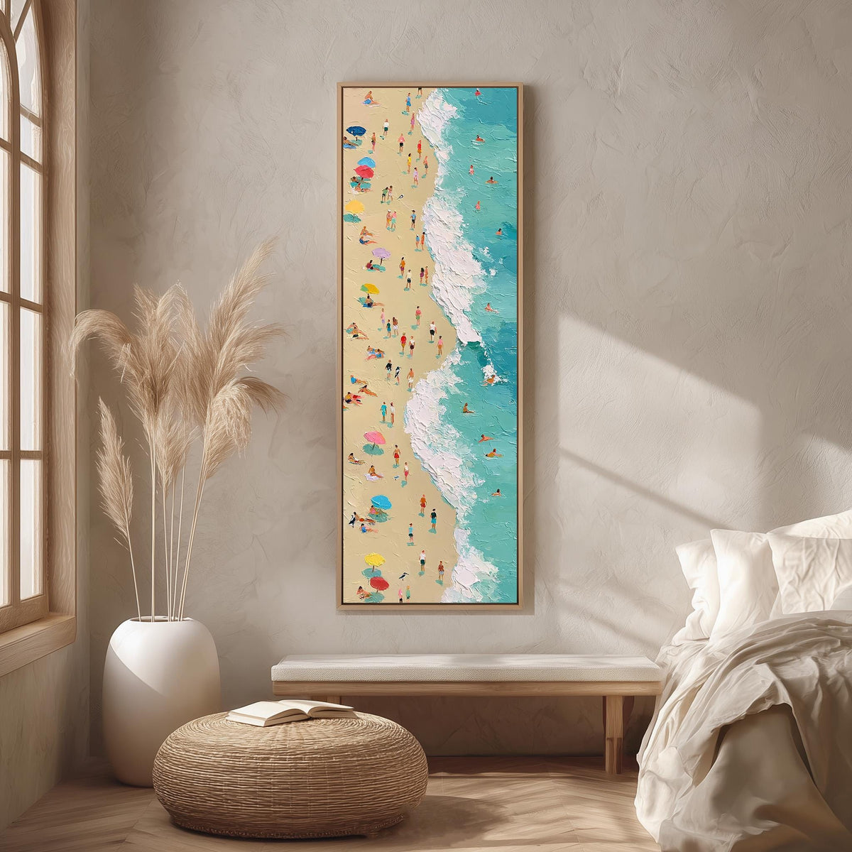 Busy beach and turquoise surf from above long vertical canvas print in a bright reading corner