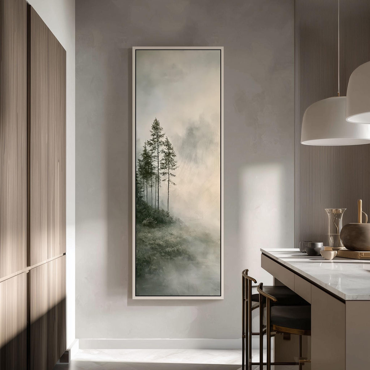 Monochrome pines in heavy mist tall skinny canvas print in a modern kitchen