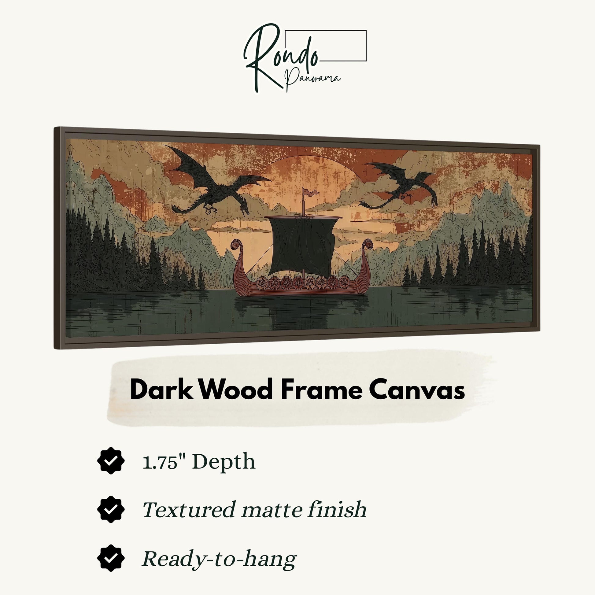 The image is a dark wood frame canvas depicting a dragon boat on a lake with mountains in the background.