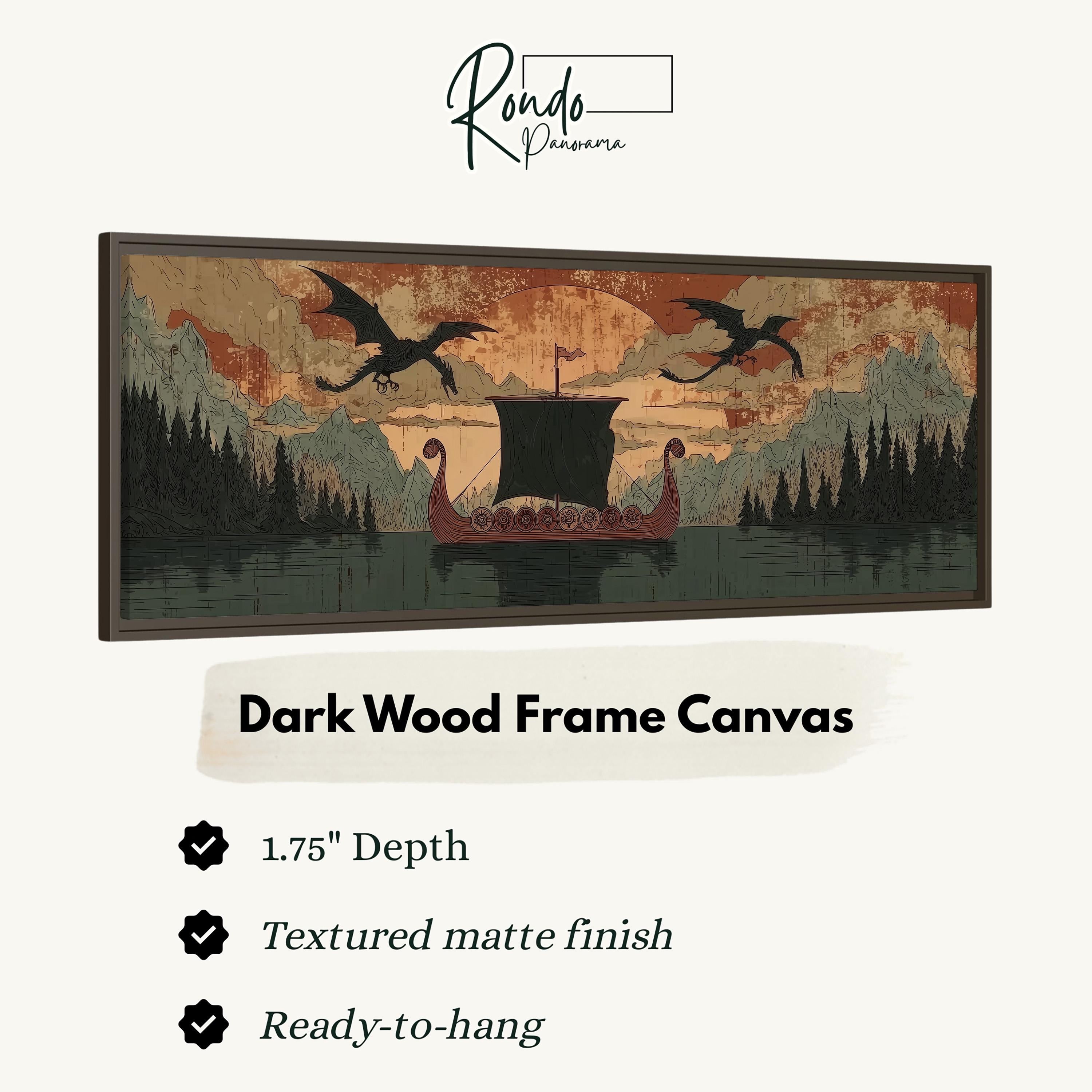 The image is a dark wood frame canvas depicting a dragon boat on a lake with mountains in the background.