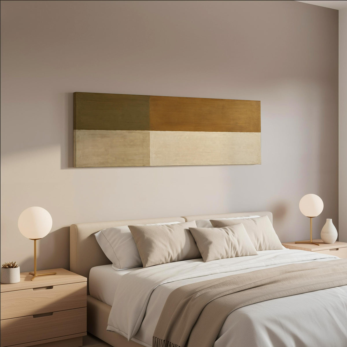 Olive and cream quadrants wide panoramic canvas print above a bed in a neutral bedroom