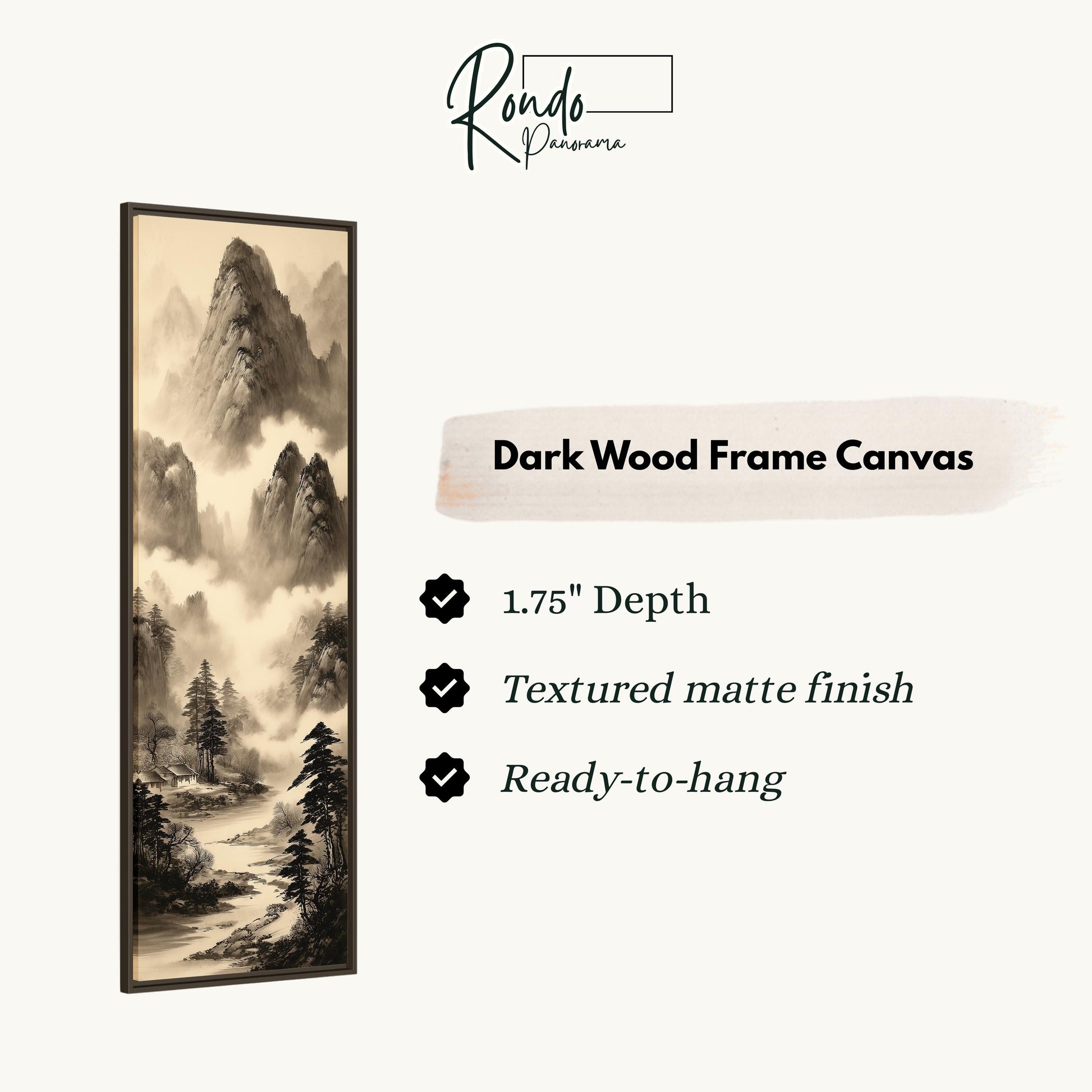 The image is a black and white landscape painting of a mountain scene, with a dark wood frame.