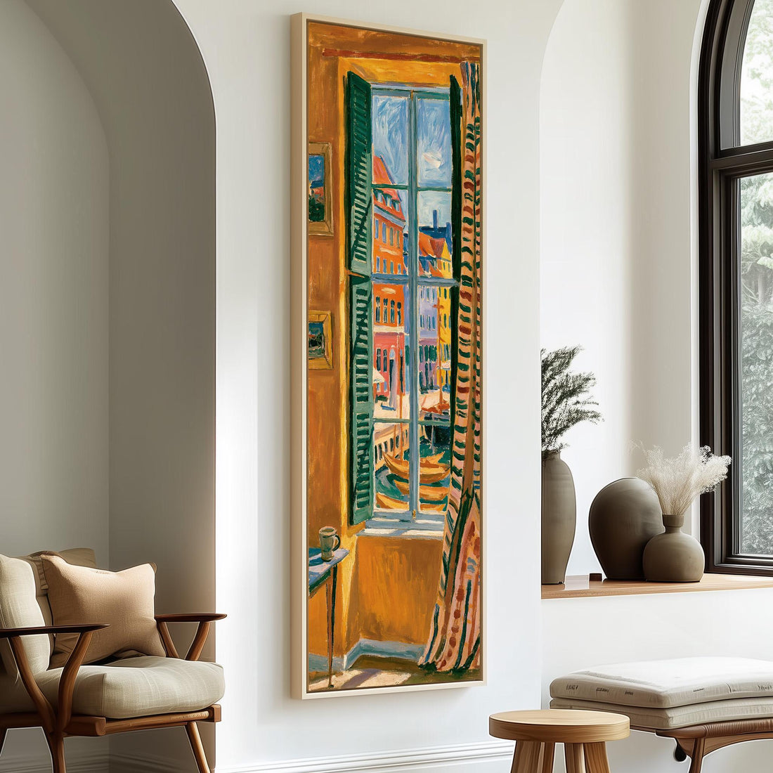 Copenhagen harbor through a tall golden window long vertical canvas print in a sunlit living space