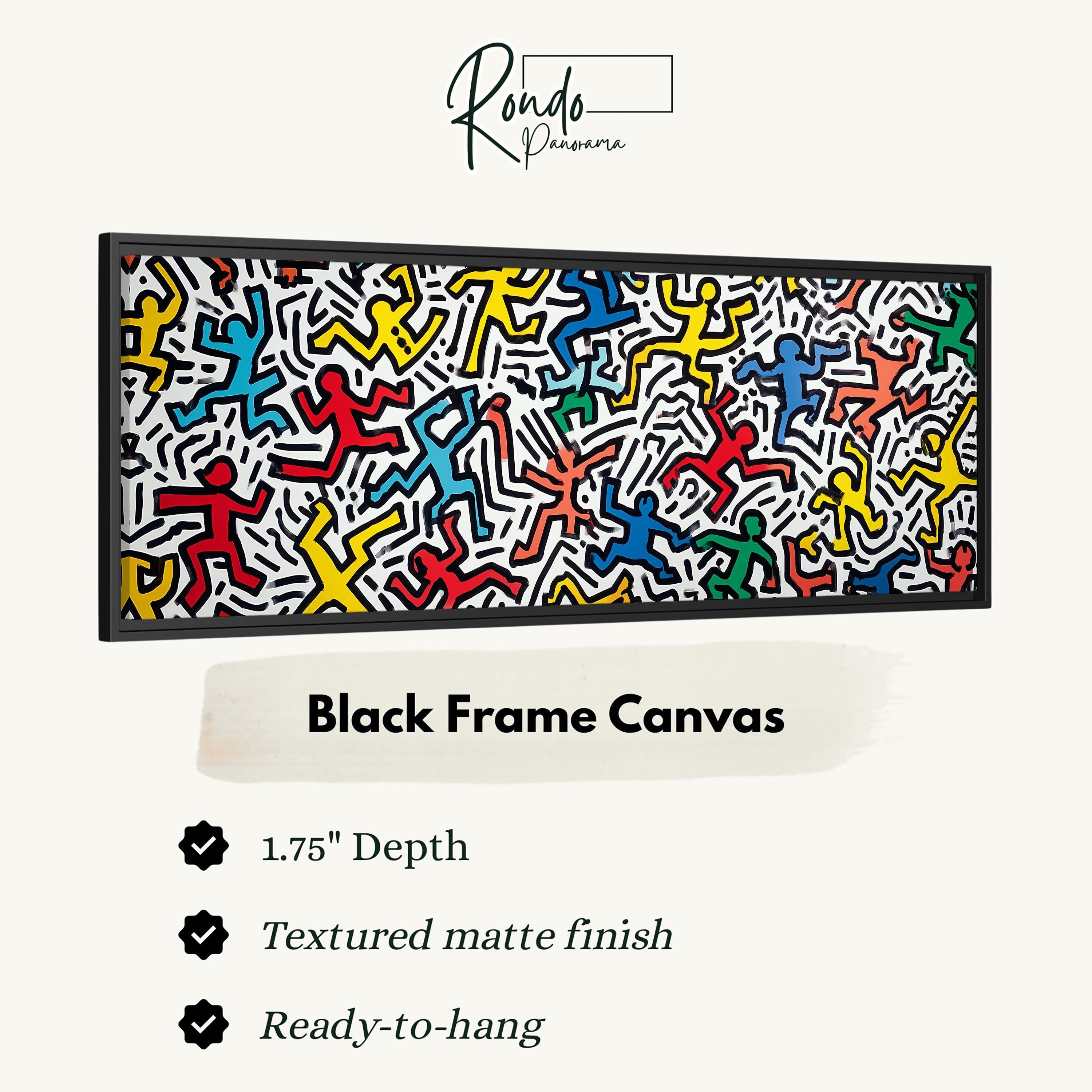 The image is a black frame canvas featuring a vibrant abstract artwork with a variety of colorful figures.