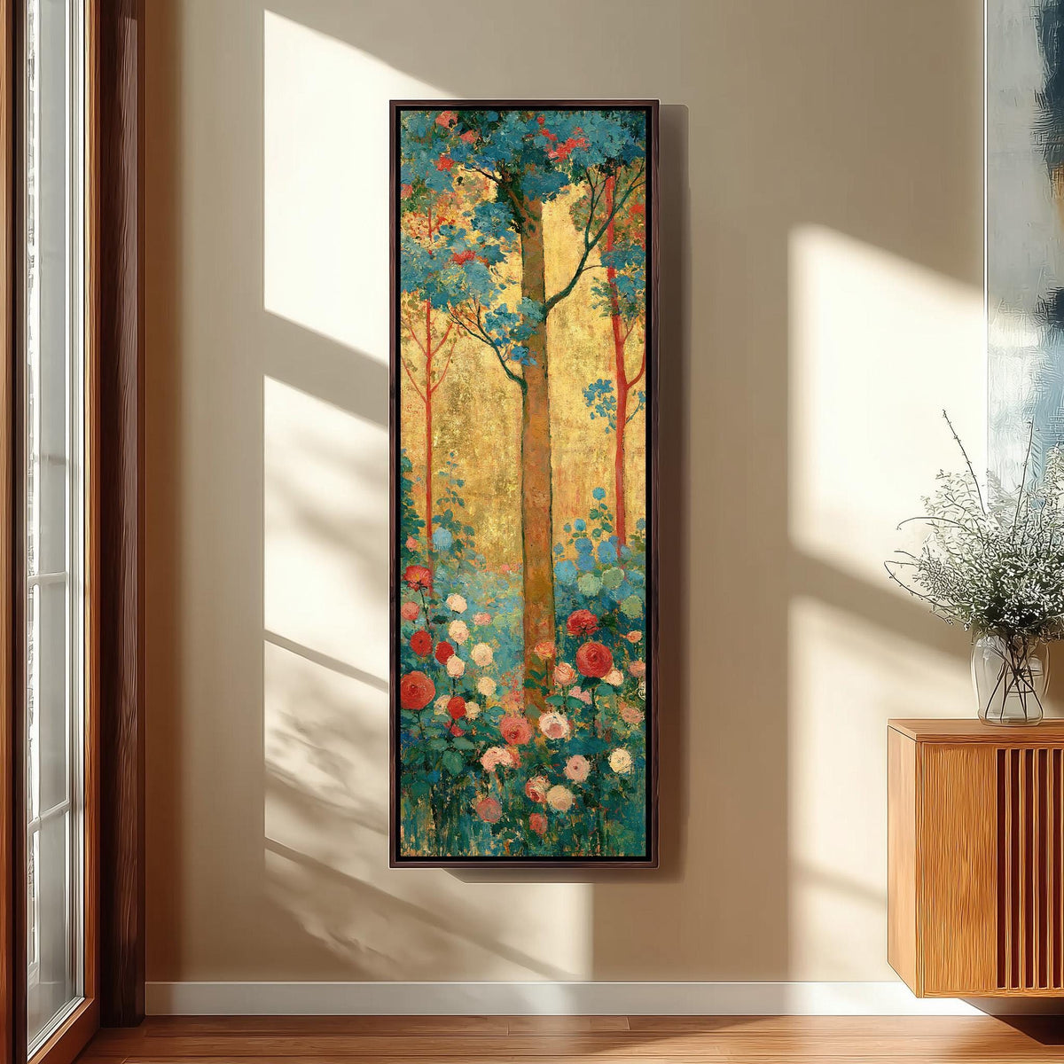 Golden tree with roses in an Art Nouveau style long vertical canvas print in a sunlit living space
