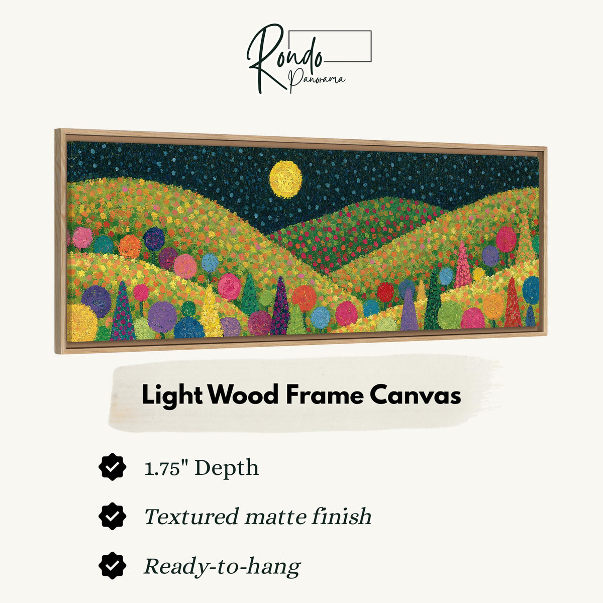 Moonlit pastel flower hills canvas print in a light wood floating frame