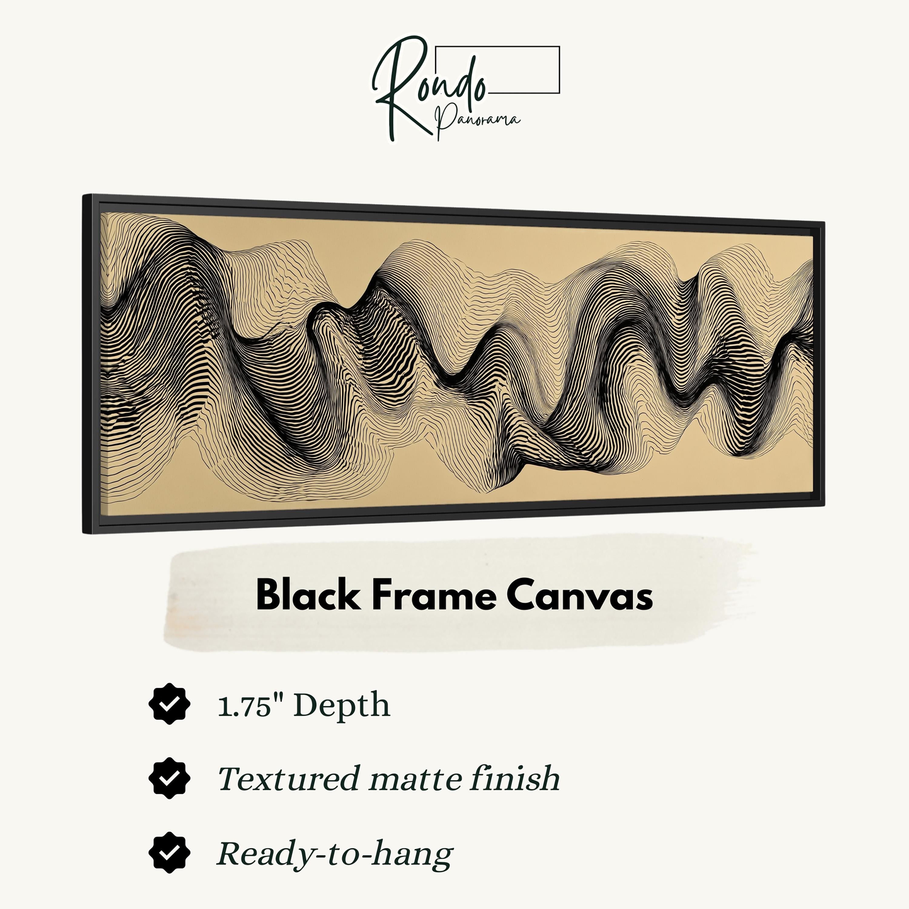 a black frame canvas with a wave-like pattern in black and beige colors.
