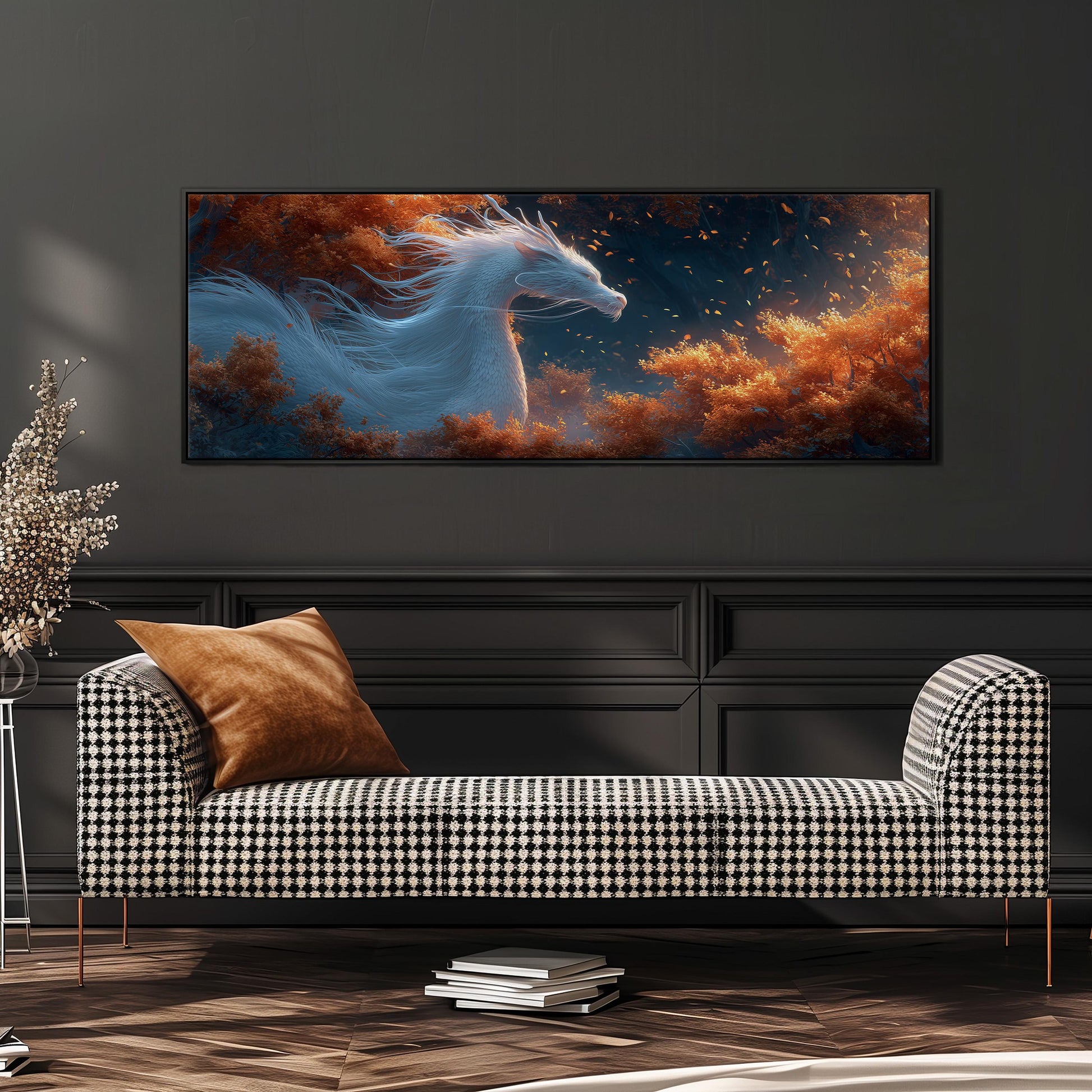 a large, colorful painting of a horse in mid-flight, with a backdrop of orange and blue hues, hanging on a wall above a black and white checkered sofa.