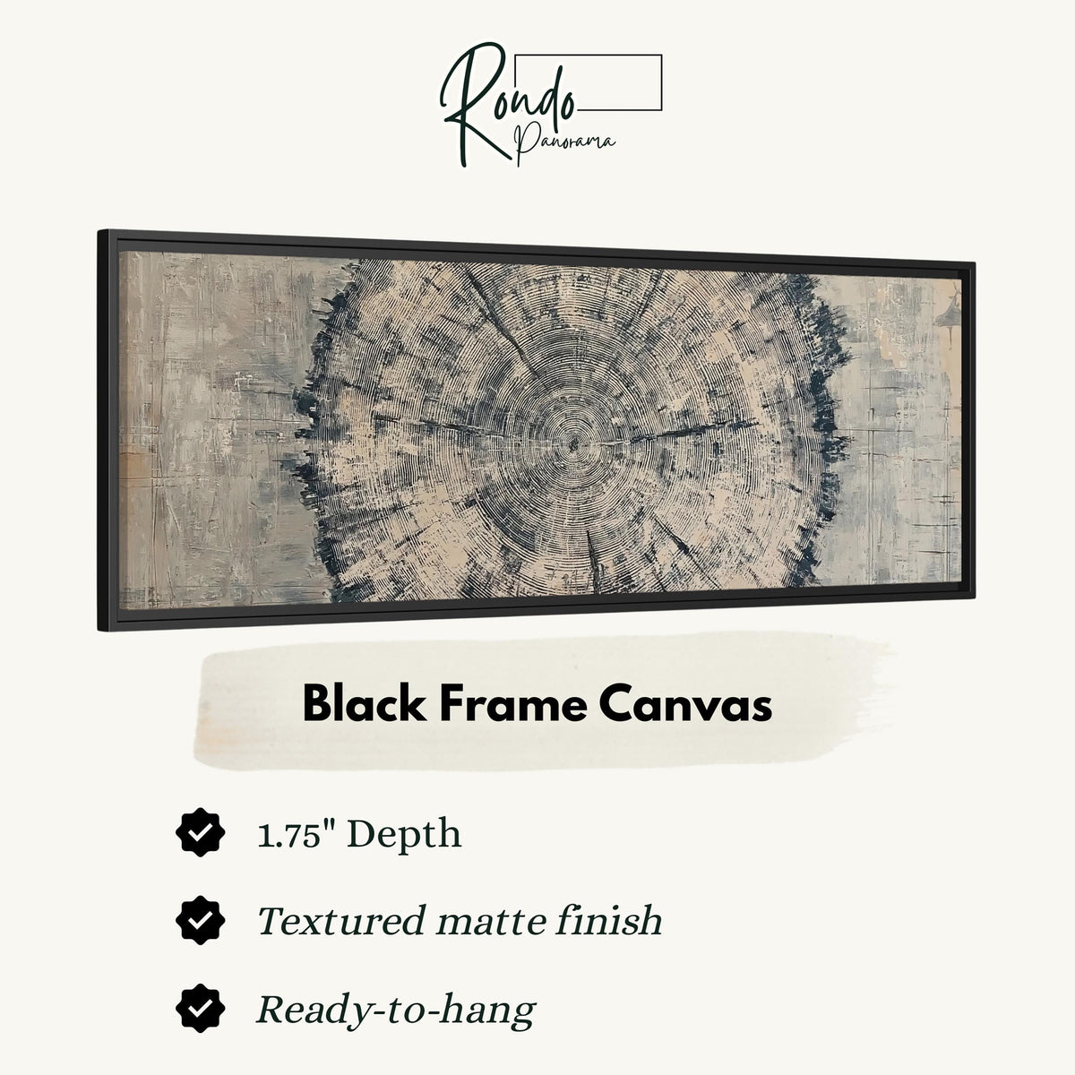 Navy ink tree ring canvas print in a black floating frame