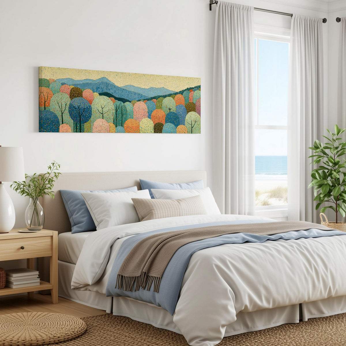 Pastel dotted forest below blue mountains panoramic canvas print above a bed in a coastal bedroom