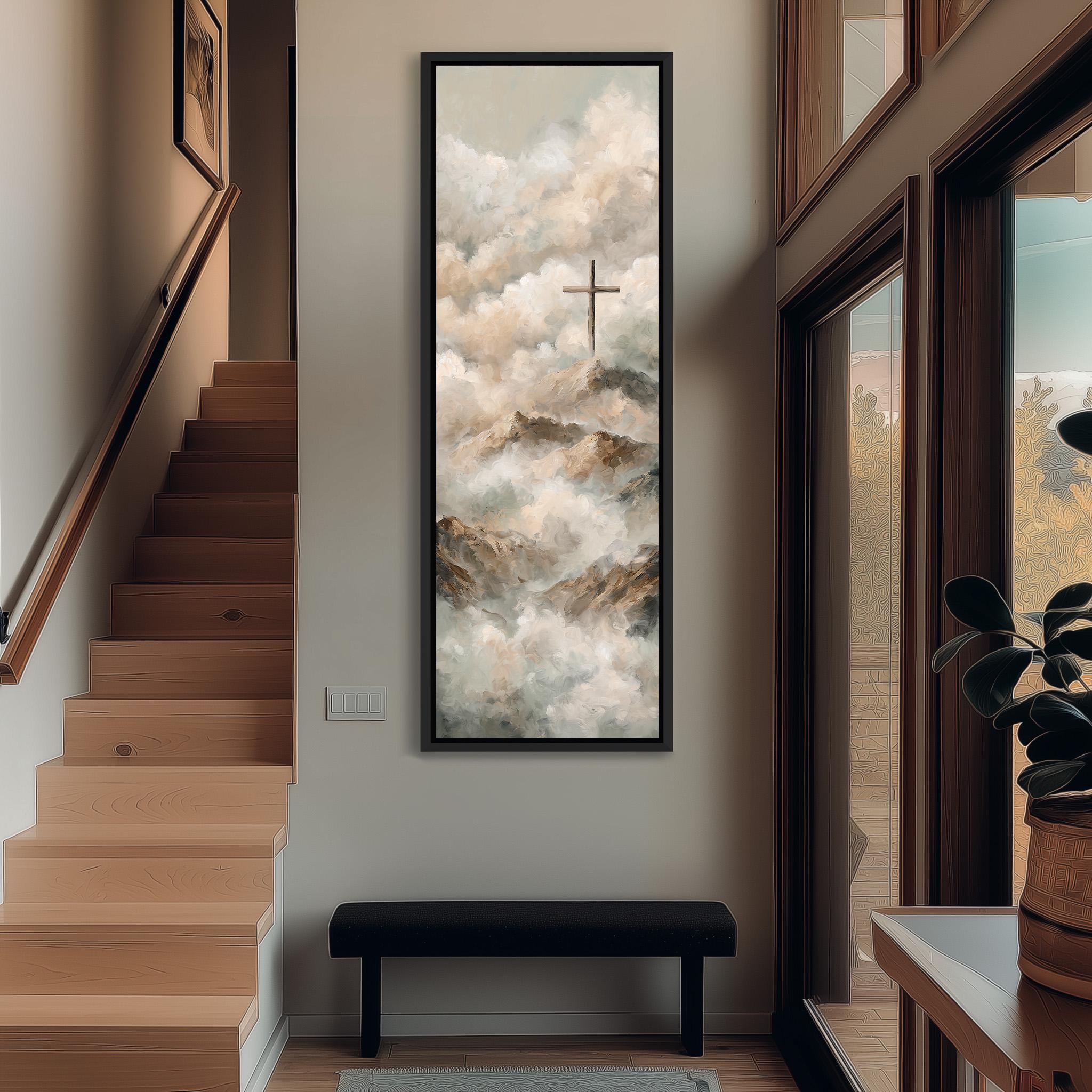 a large painting of a cross on a wall, with a mountainous landscape in the background. The painting is framed and hangs above a black bench in a hallway.