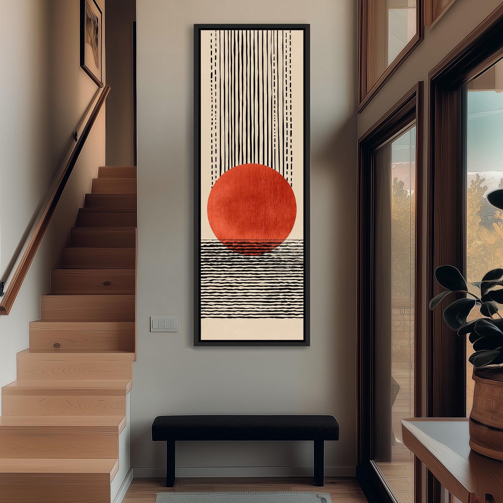 a modern and minimalist interior design with a large abstract painting hanging on the wall. The painting depicts a red circle with a black and white striped pattern, creating a striking visual contrast. The room also includes a wooden staircase, a bench, and a potted plant, contributing to the overall aesthetic and style.