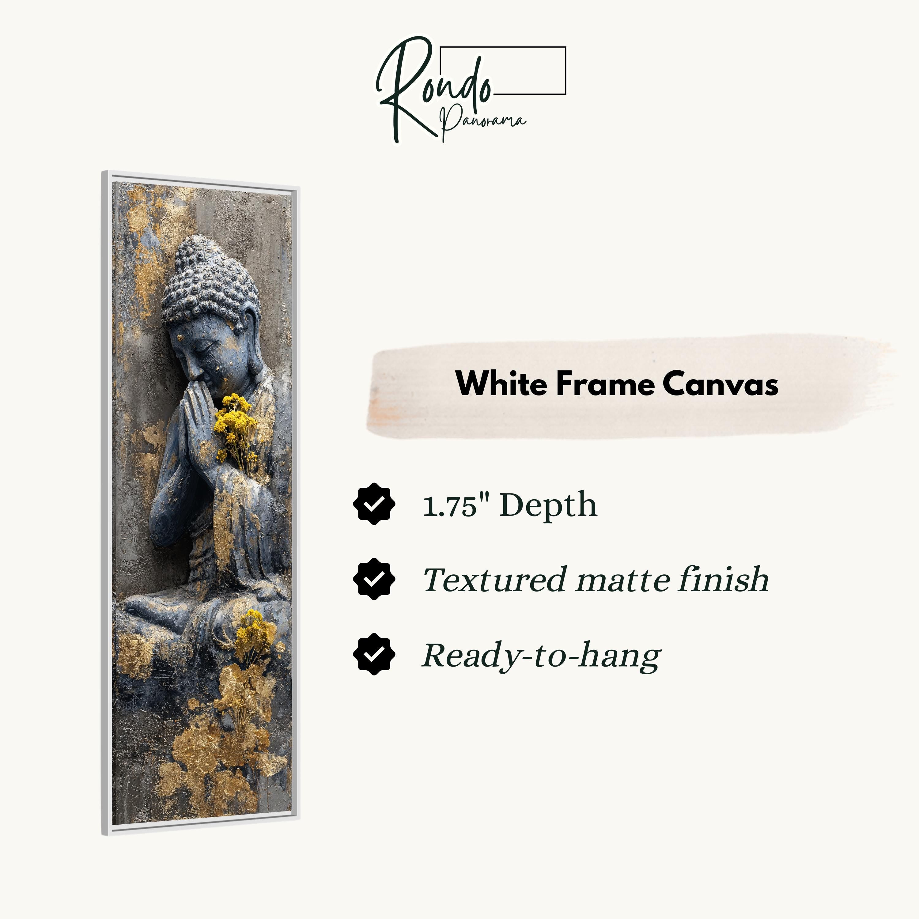 The image is a white frame canvas depicting a Buddha statue with a yellow flower in its mouth.