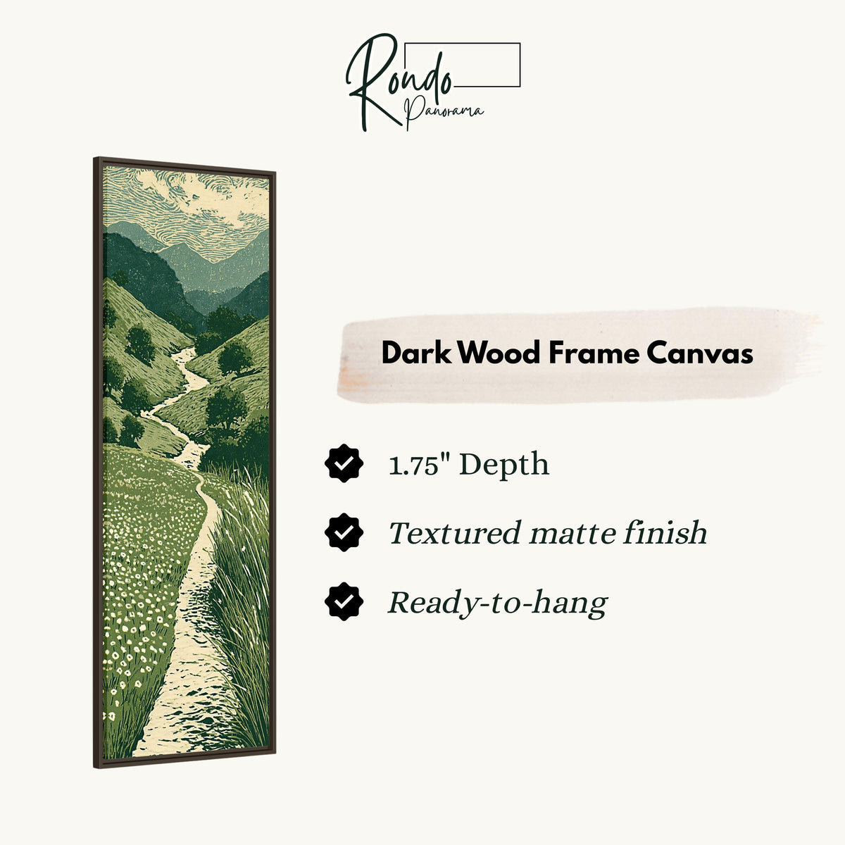 Trail winding through green mountains canvas print in a dark wood floating frame