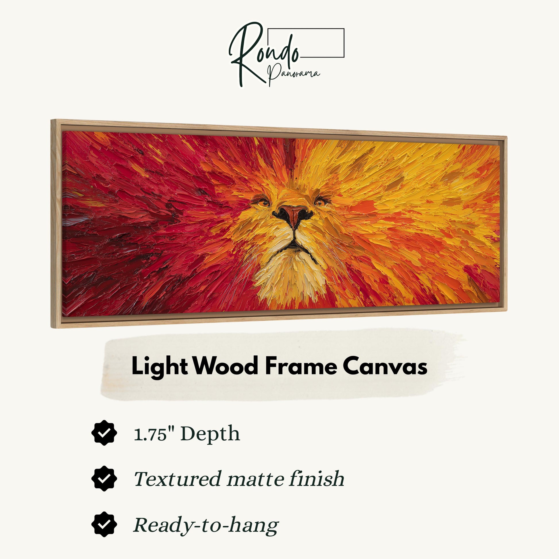 The image is a framed artwork depicting a vibrant, textured lion's face in a bold, fiery color palette.
