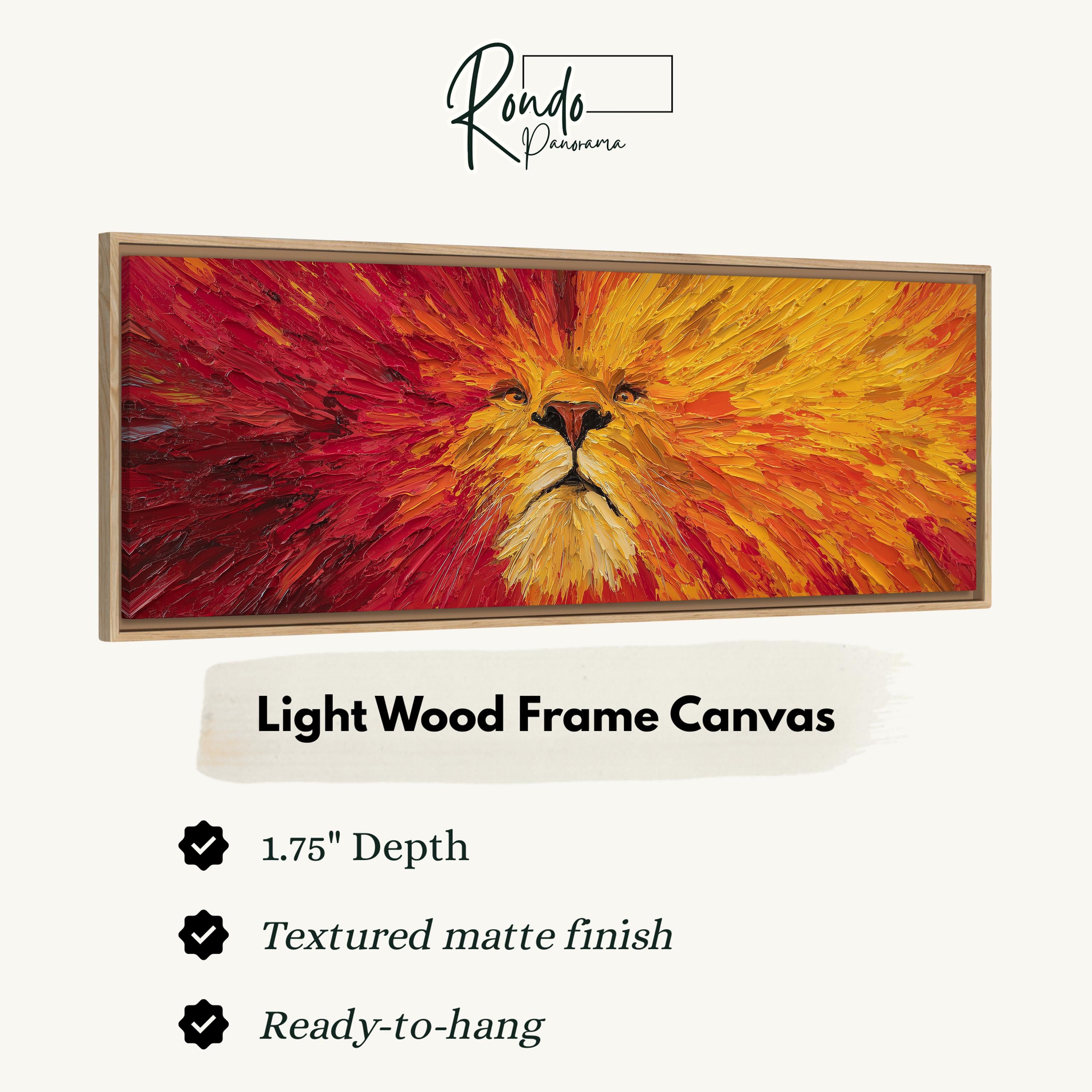 The image is a framed artwork depicting a vibrant, textured lion's face in a bold, fiery color palette.