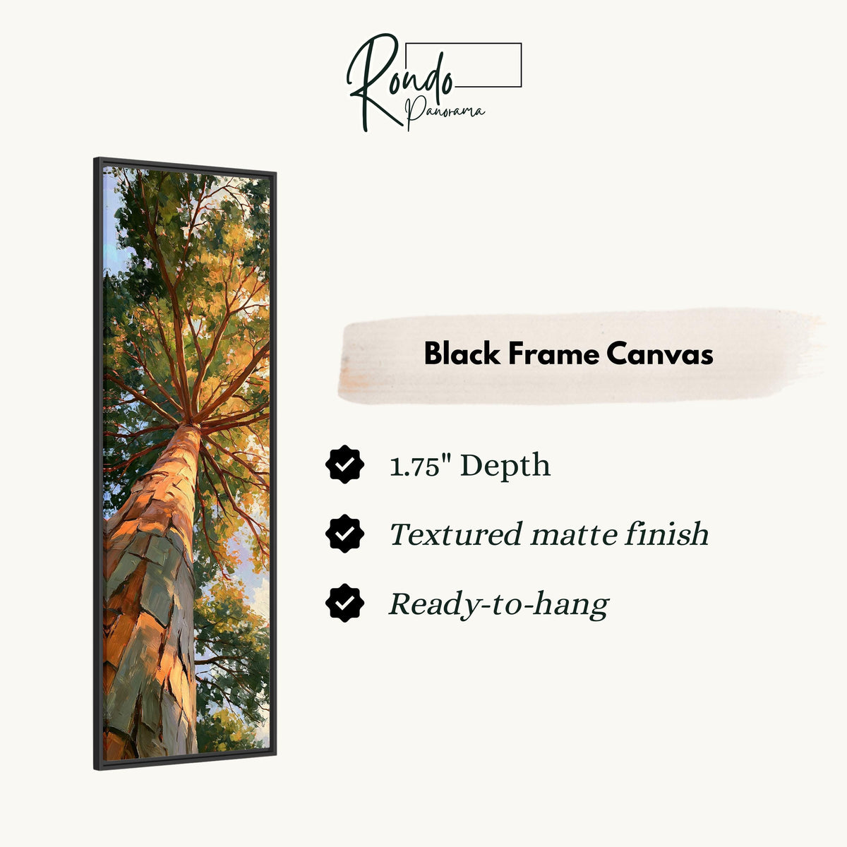 Sunlit pine trunk rising into a green and gold canopy canvas print in a black floating frame
