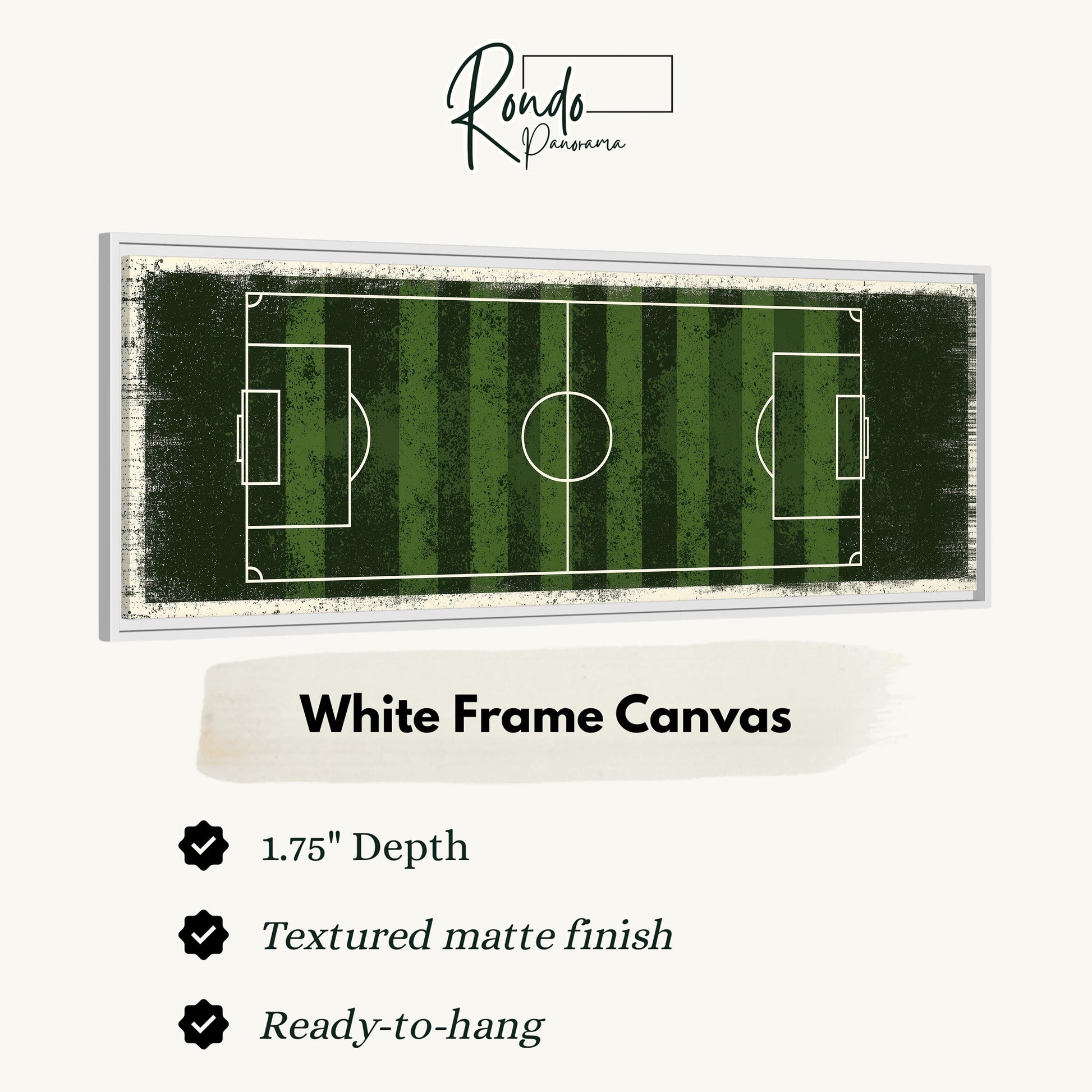A framed canvas depicting a soccer field with a textured finish and a white frame.