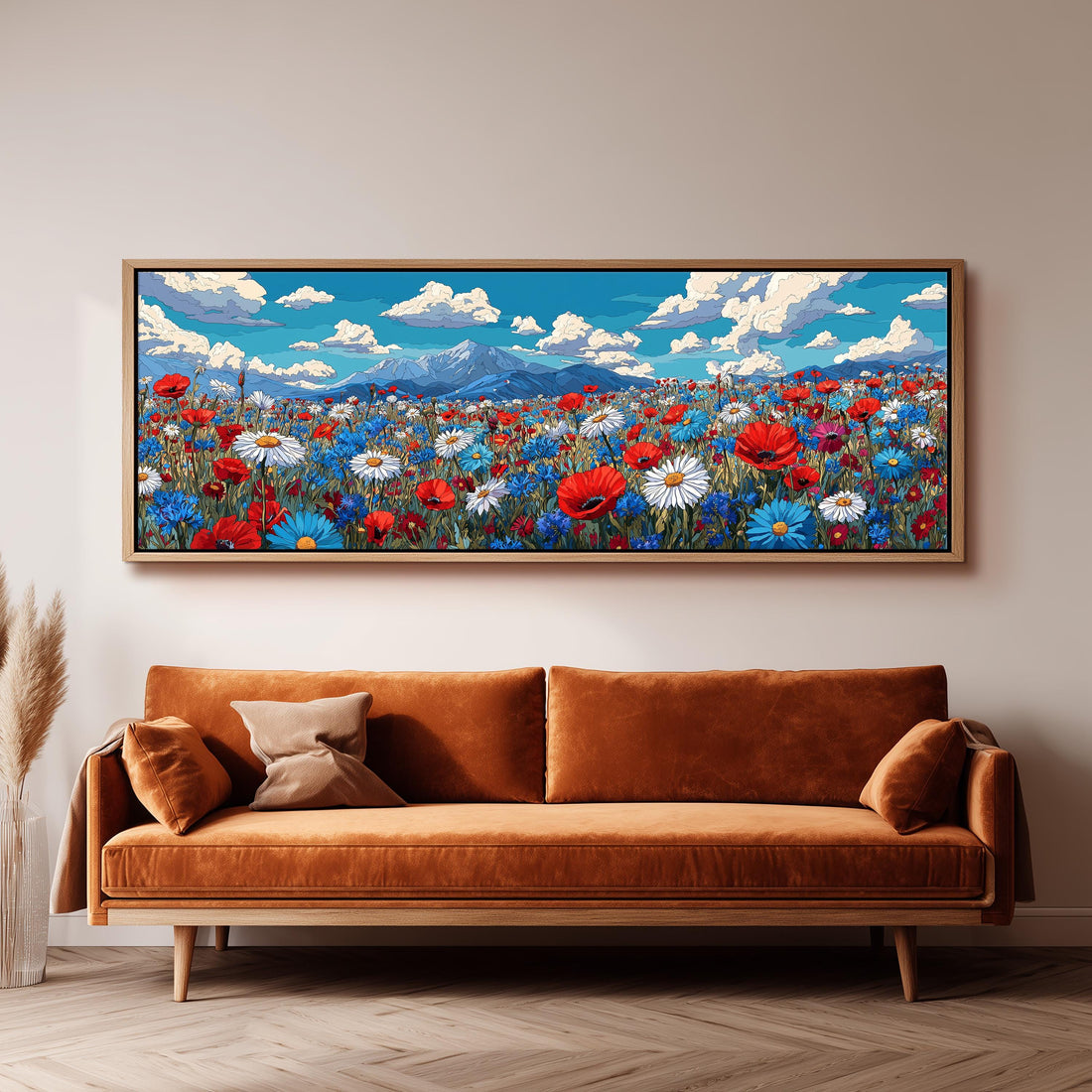 a large painting of a colorful flower field hanging on a wall above a wooden dining table with four chairs.