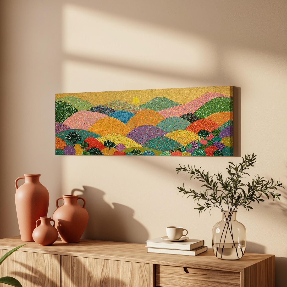 Dotted rainbow hills at sunset long horizontal canvas print above a wooden sideboard