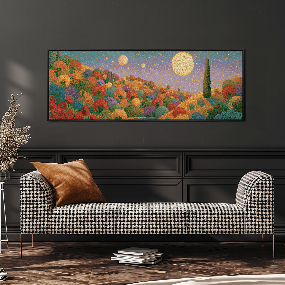 Autumn hillside under glowing moons wide panoramic canvas print above a bench in a dark living room