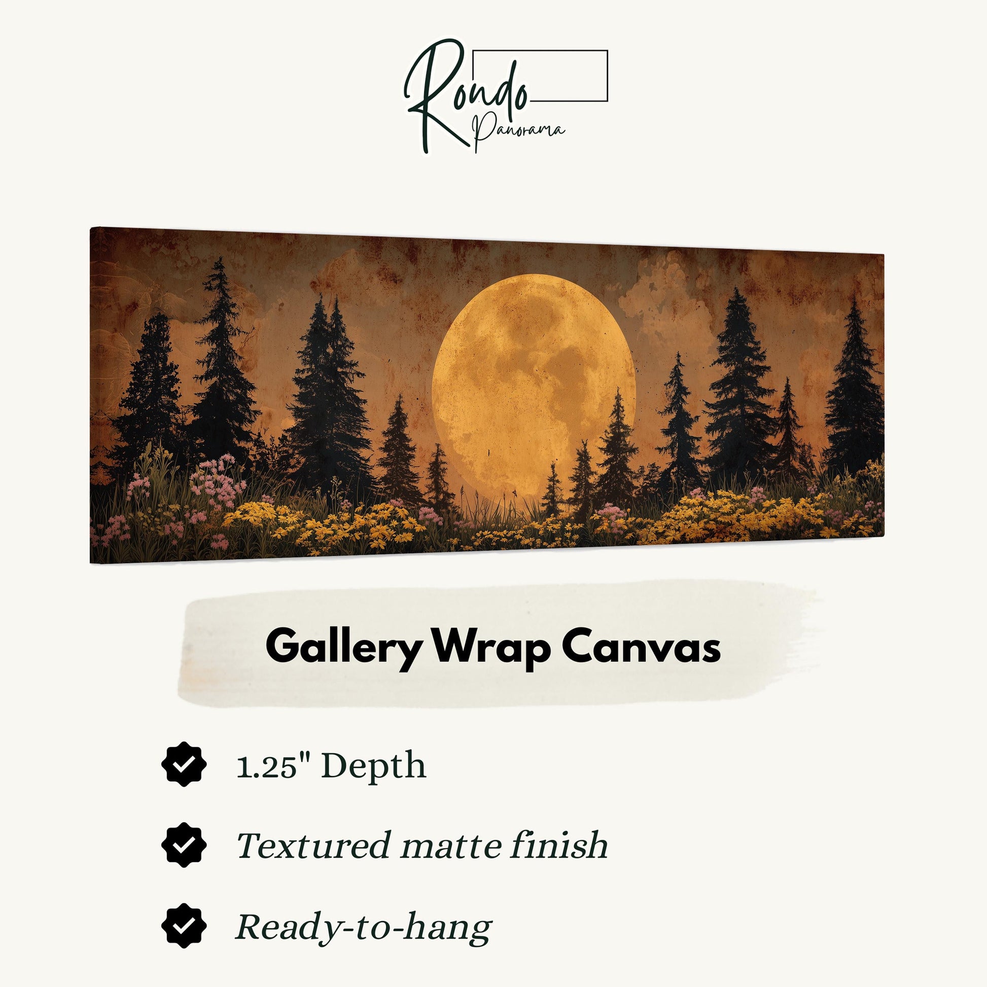 The image is a large, rectangular gallery wrap canvas featuring a scenic landscape with a full moon, pine trees, and flowers.