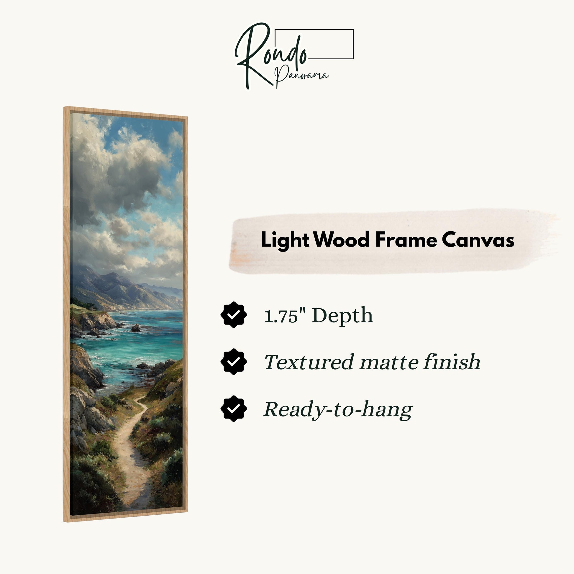 The image is a light wood frame canvas depicting a scenic landscape with a winding path leading to a body of water.