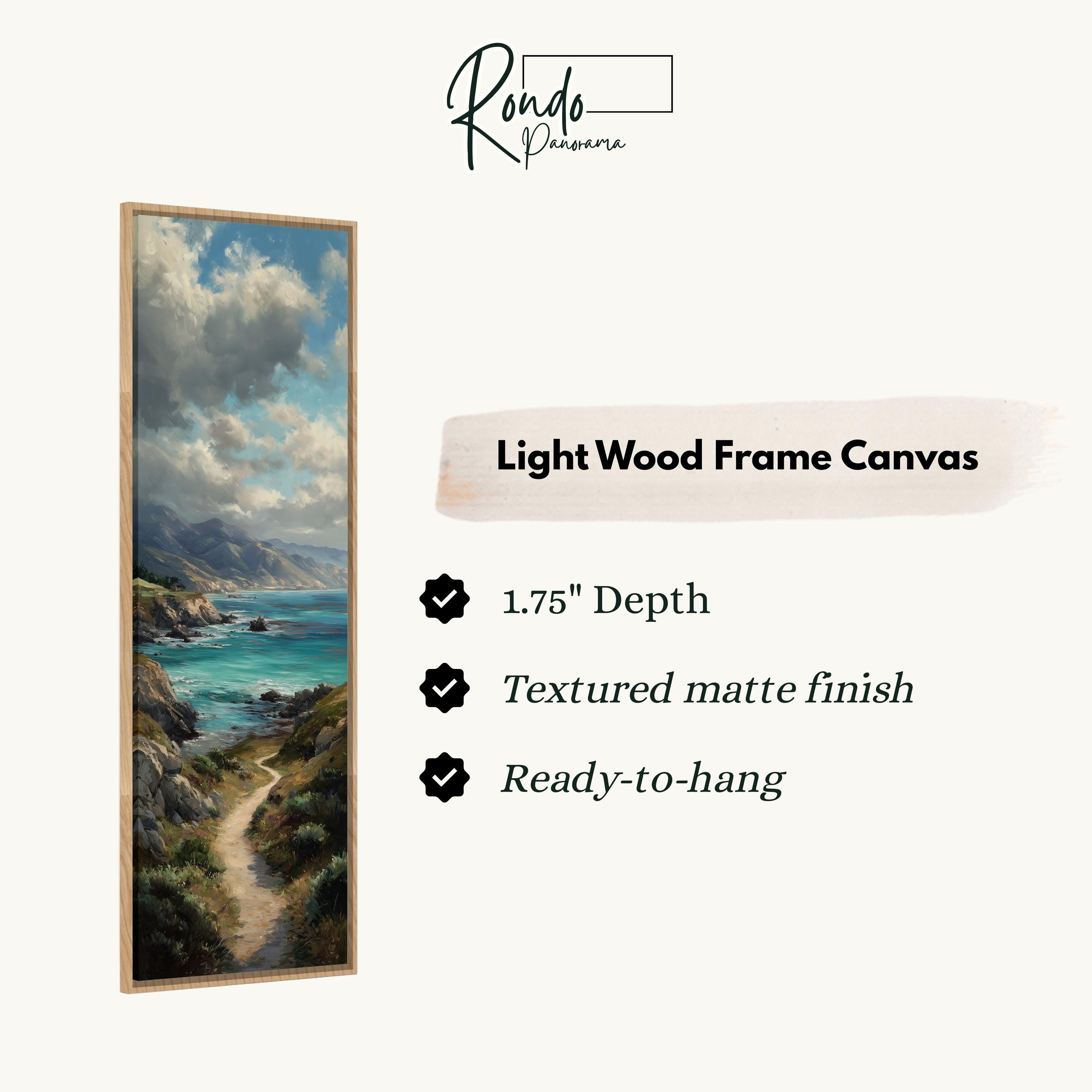 The image is a light wood frame canvas depicting a scenic landscape with a winding path leading to a body of water.
