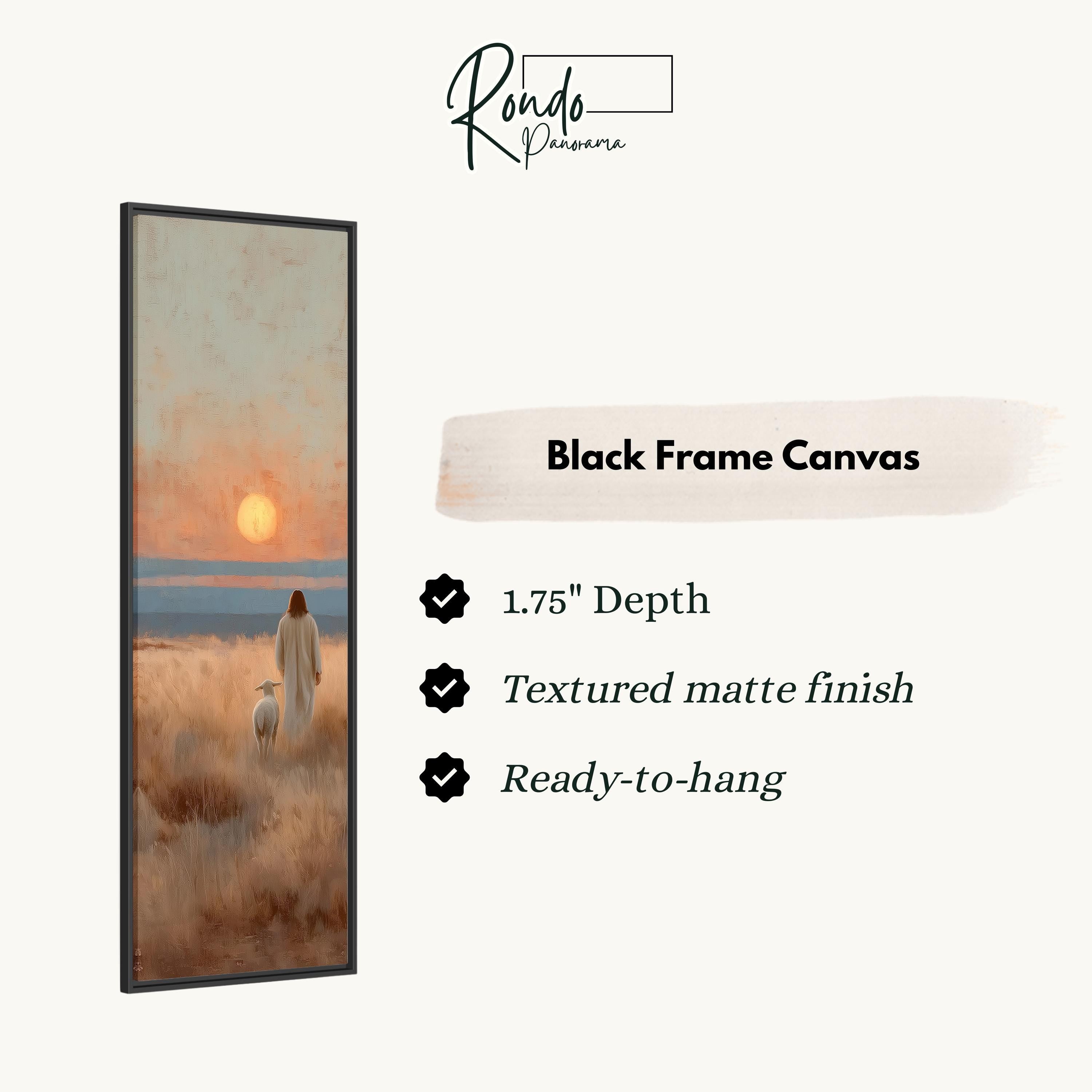The image is a black frame canvas depicting a serene landscape with a person and a dog walking in a field at sunset.