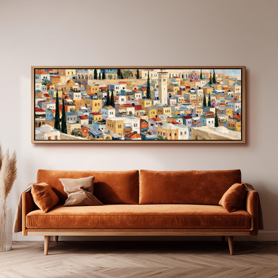 Mediterranean hillside village long horizontal canvas print above a sofa in a living room