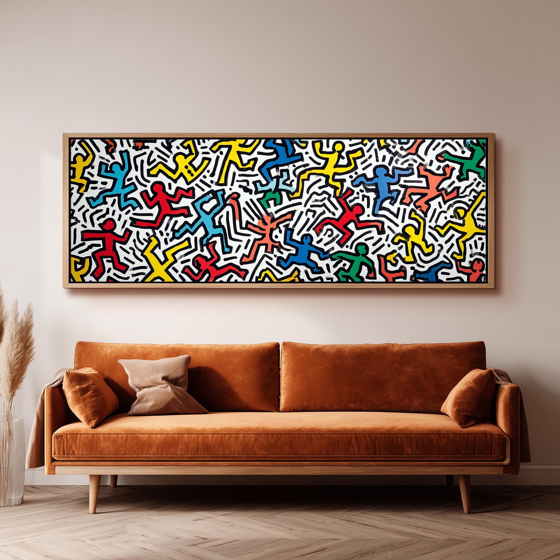 a large abstract painting hanging on a wall above a brown sofa.