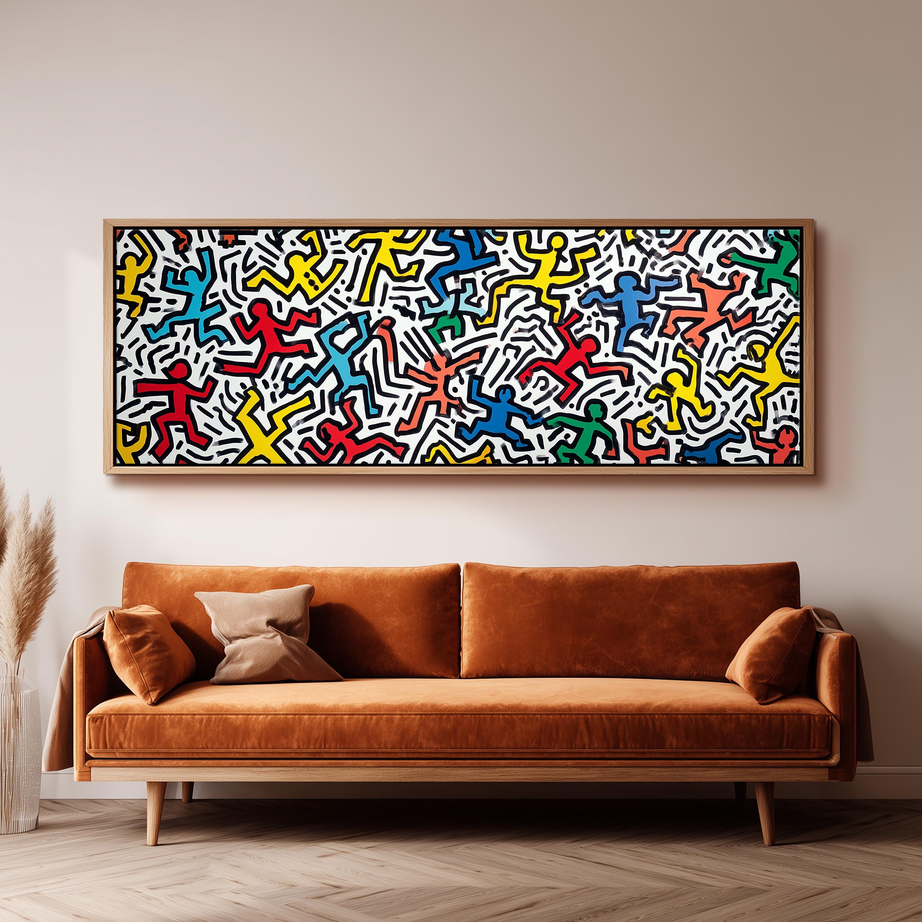 a large abstract painting hanging on a wall above a brown sofa.