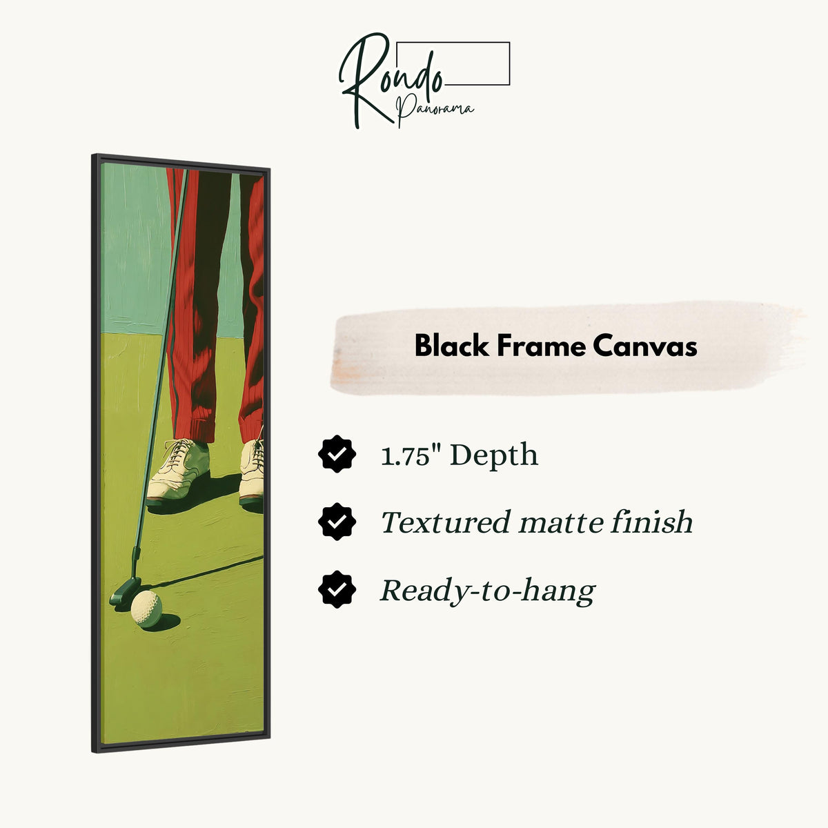 Golfer in red trousers lining up a putt canvas print in a black floating frame
