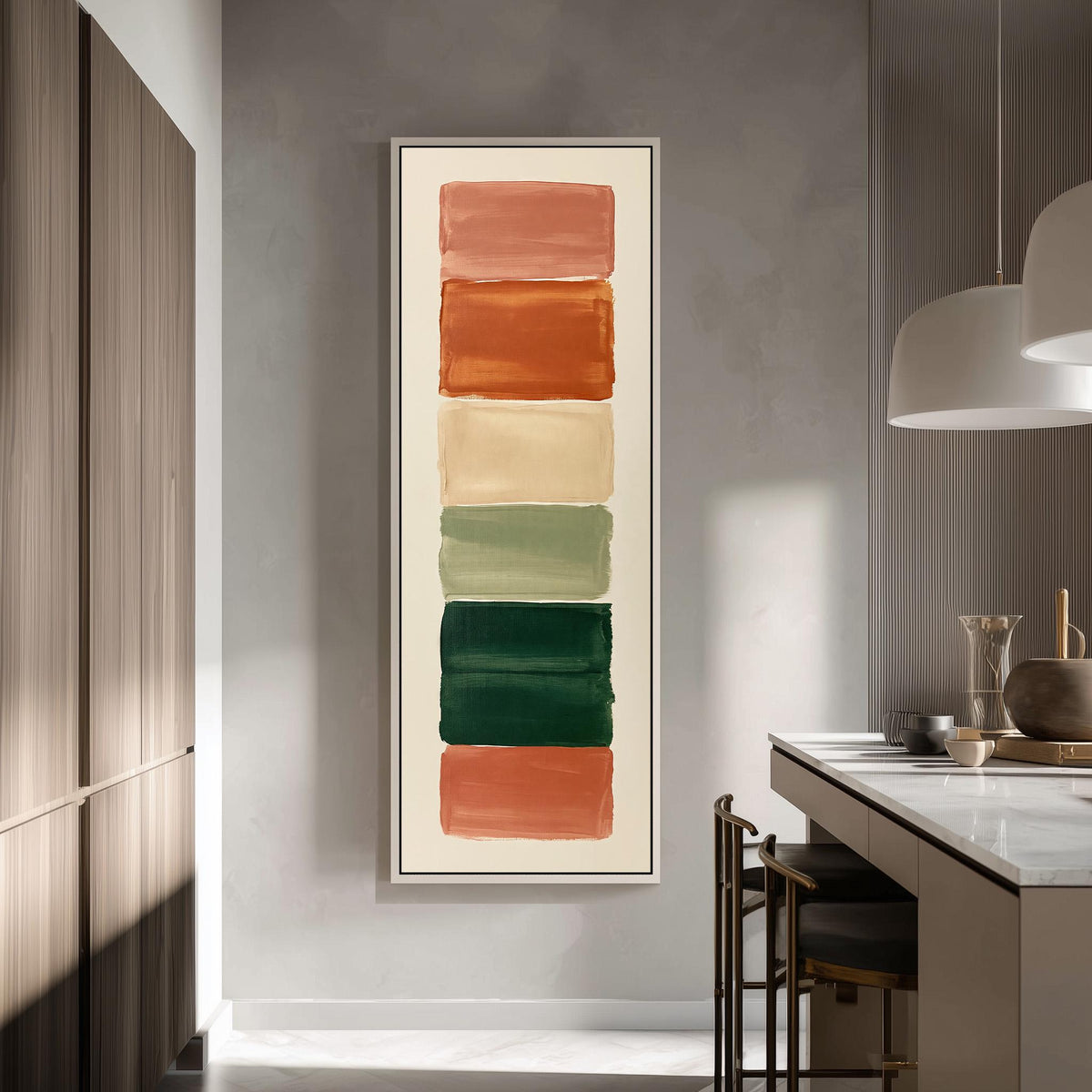 Stack of terracotta, cream and sage swatches tall skinny canvas print in a modern kitchen