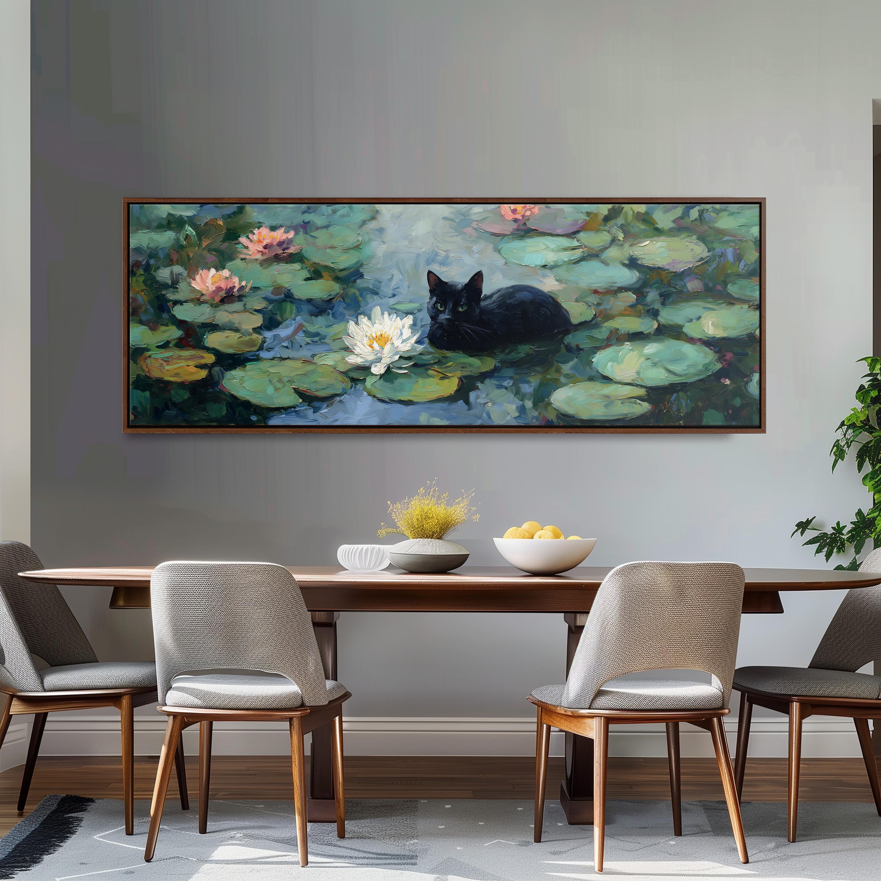 a large painting of a black cat sitting on a lily pad in a pond, surrounded by lily pads and flowers. The painting is hung on a wall above a wooden dining table with four chairs. The table is set with a bowl of fruit and a vase of flowers, creating a cozy and inviting atmosphere.