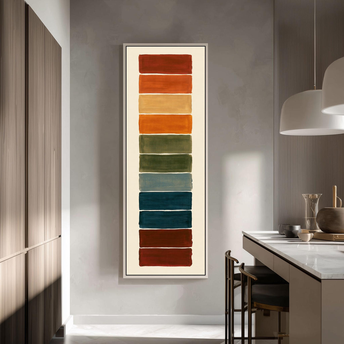 Stack of rust, teal and maroon swatches tall skinny canvas print in a modern kitchen