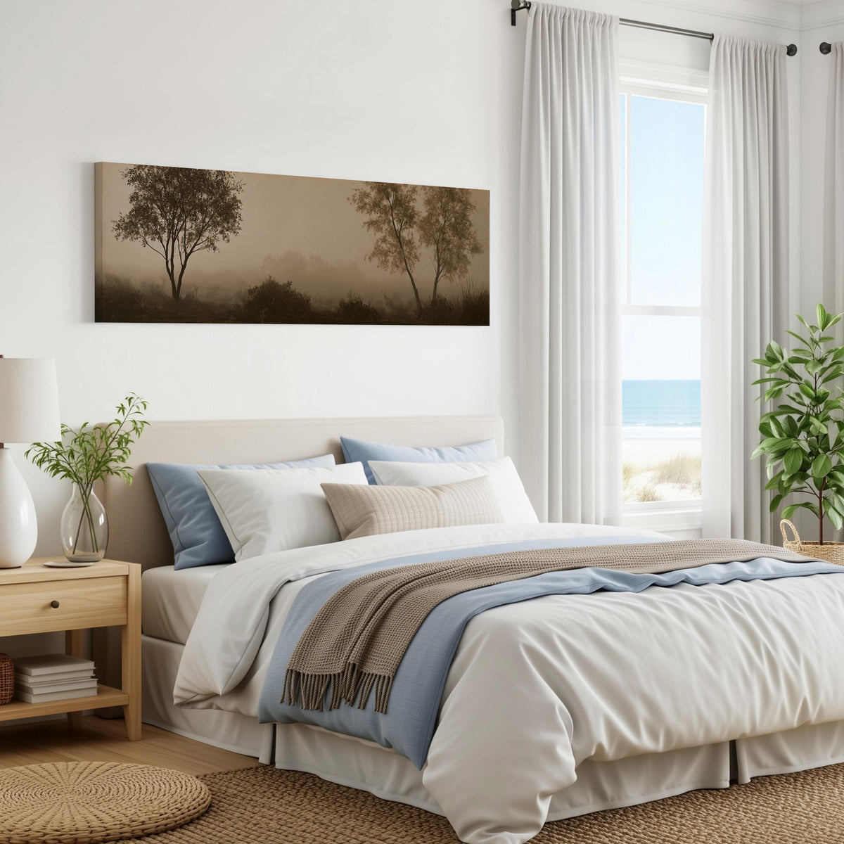 Two trees in sepia fog panoramic canvas print above a bed in a coastal bedroom