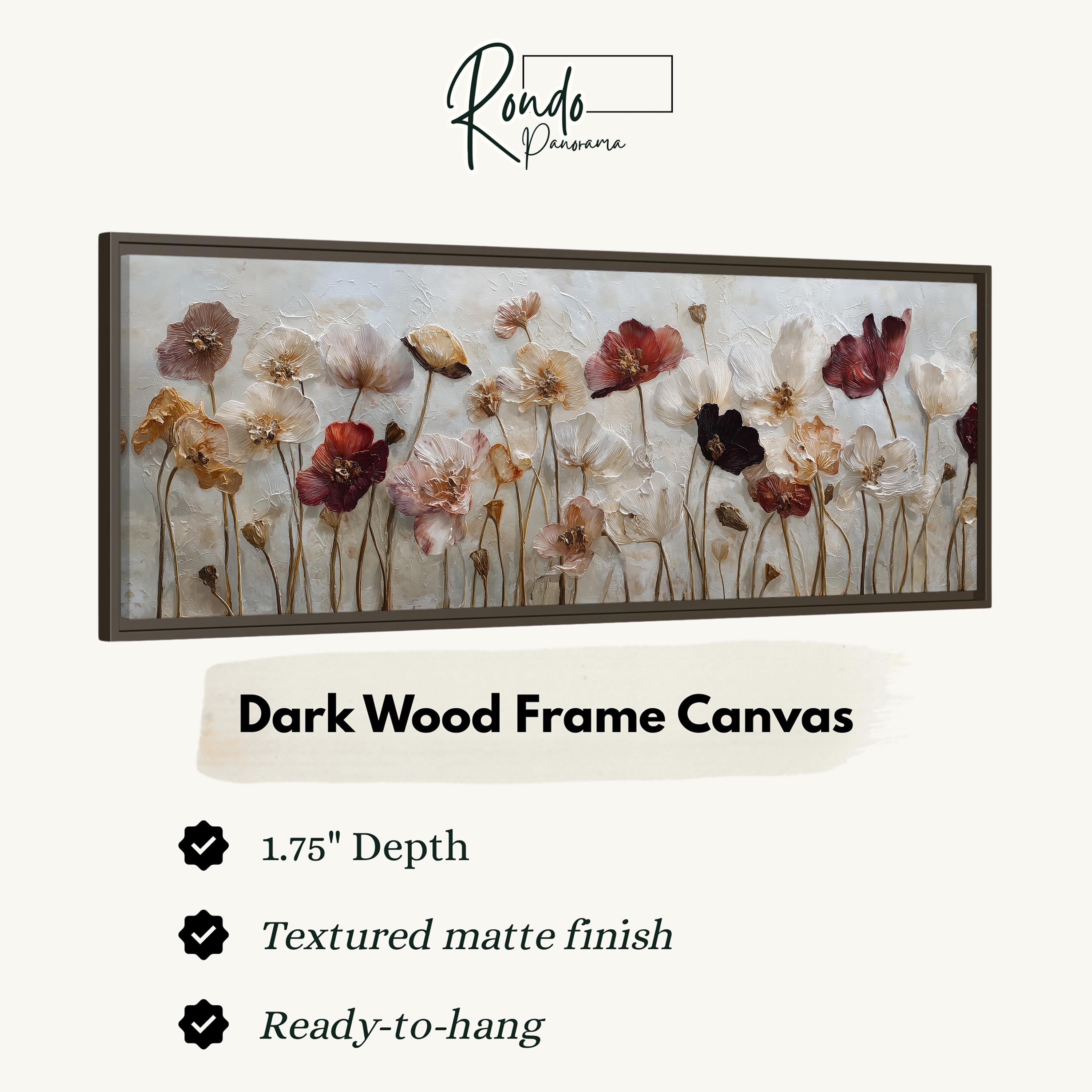 The image is a framed artwork depicting a close-up of a variety of flowers, including roses and other blooms, arranged in a dark wood frame.