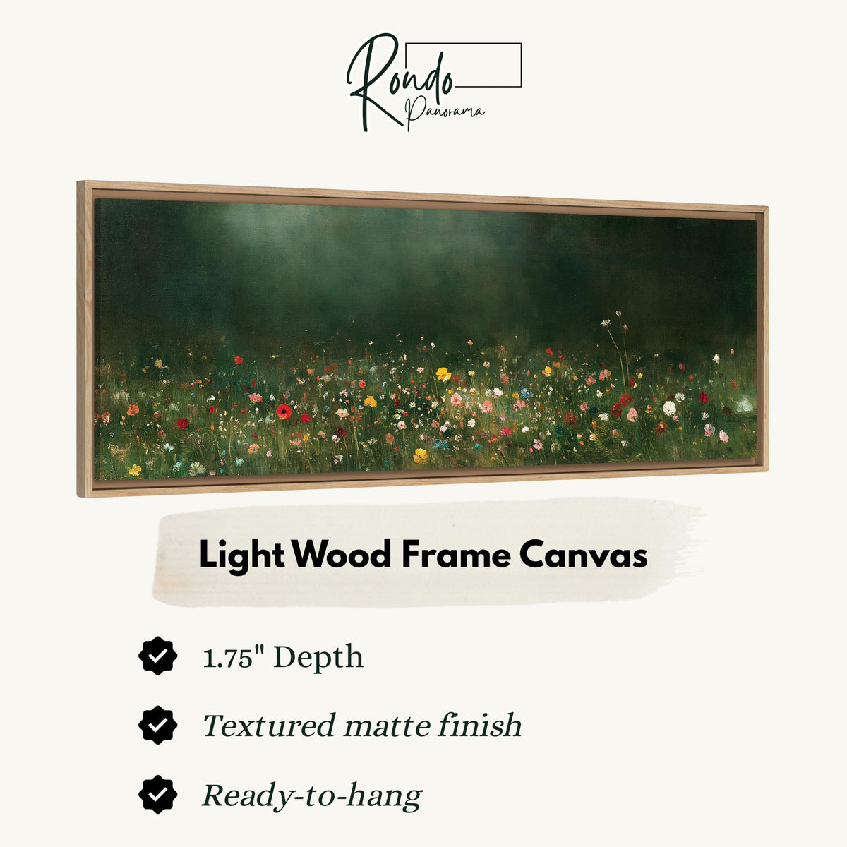 Wildflower meadow at the edge of a dark forest canvas print in a light wood floating frame