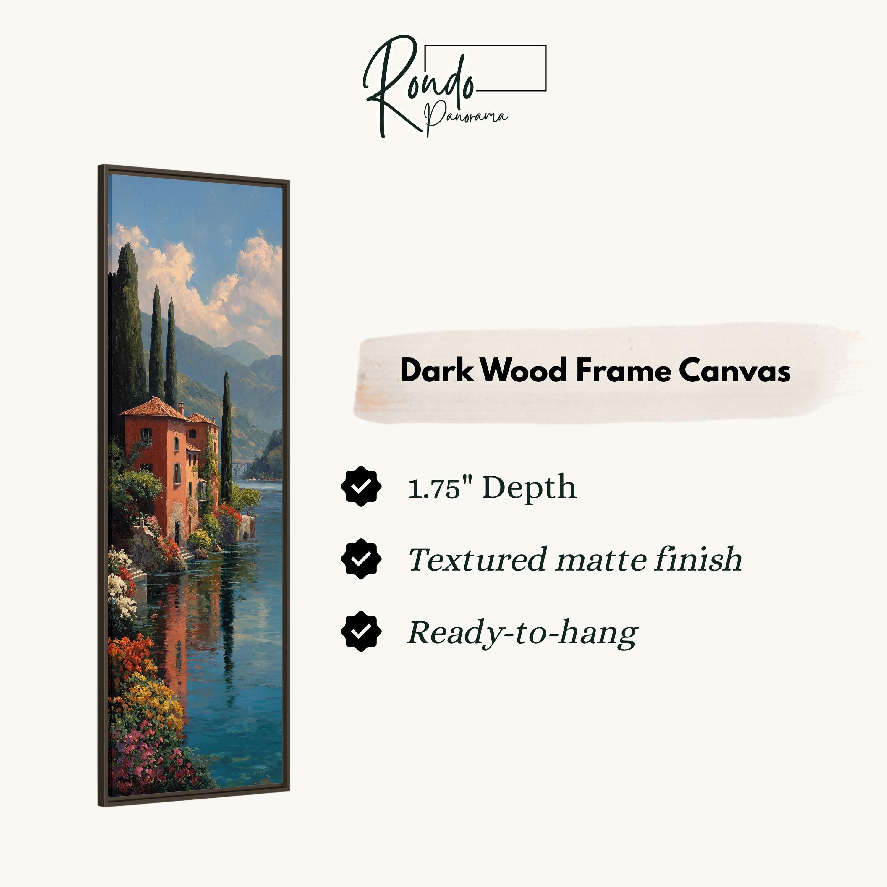 The image is a rectangular dark wood frame canvas depicting a picturesque landscape with a house and a river.