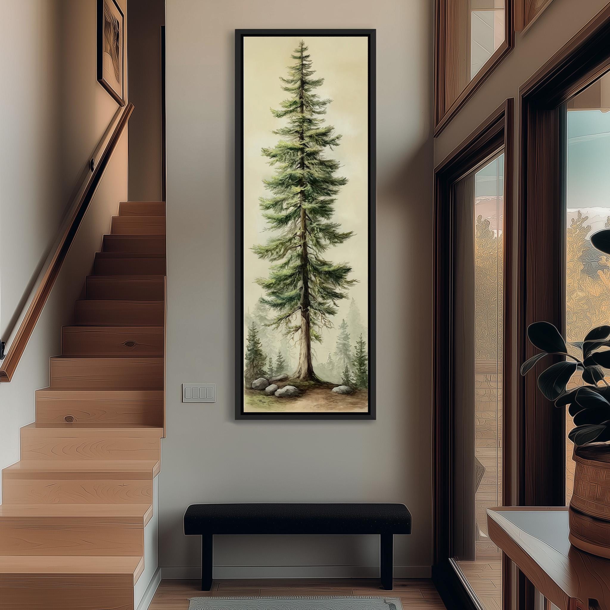 a large painting of a tall pine tree hanging on the wall of a hallway. The painting is framed and appears to be the focal point of the space.