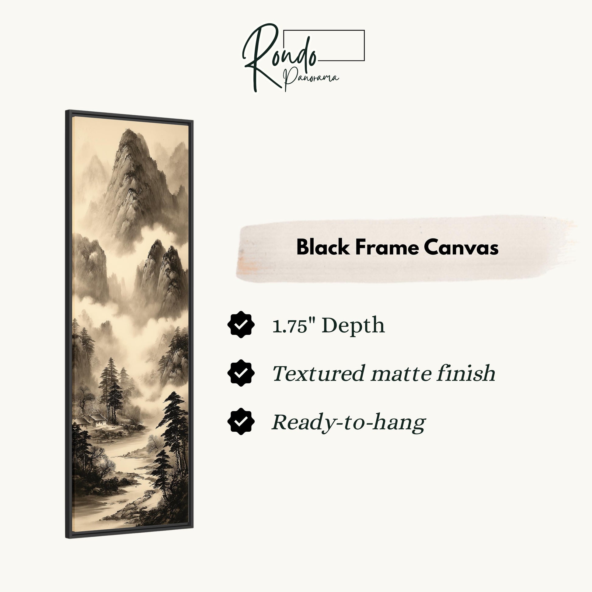 The image is a black and white landscape painting with a mountain scene, and it is described as a "Black Frame Canvas" with a 1.75" depth, a textured matte finish, and a ready-to-hang feature.