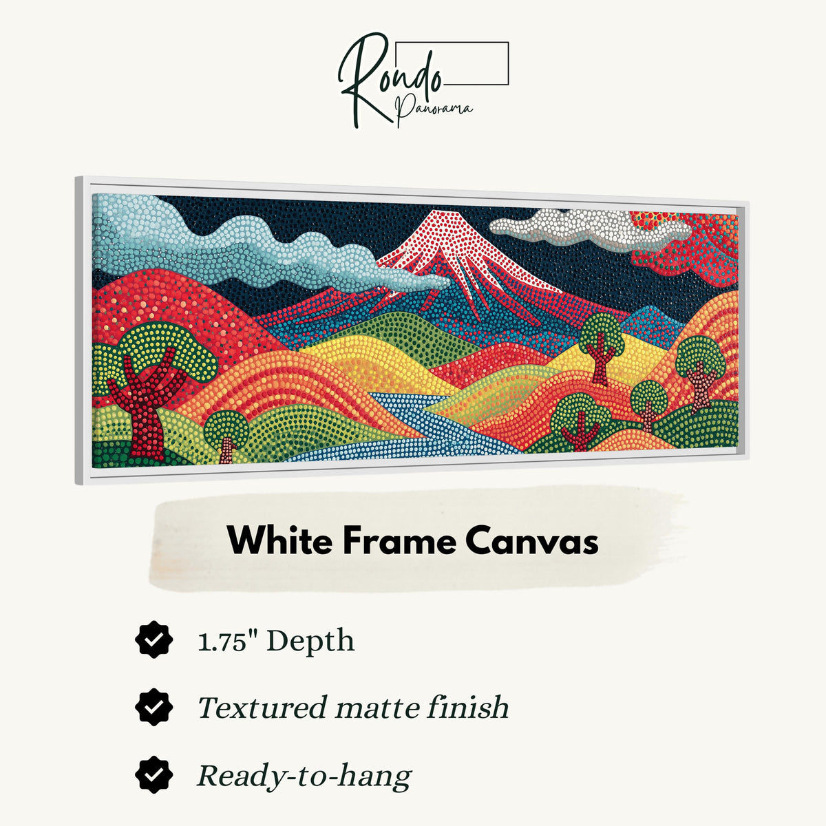 Mount Fuji above rainbow dotted hills canvas print in a white floating frame